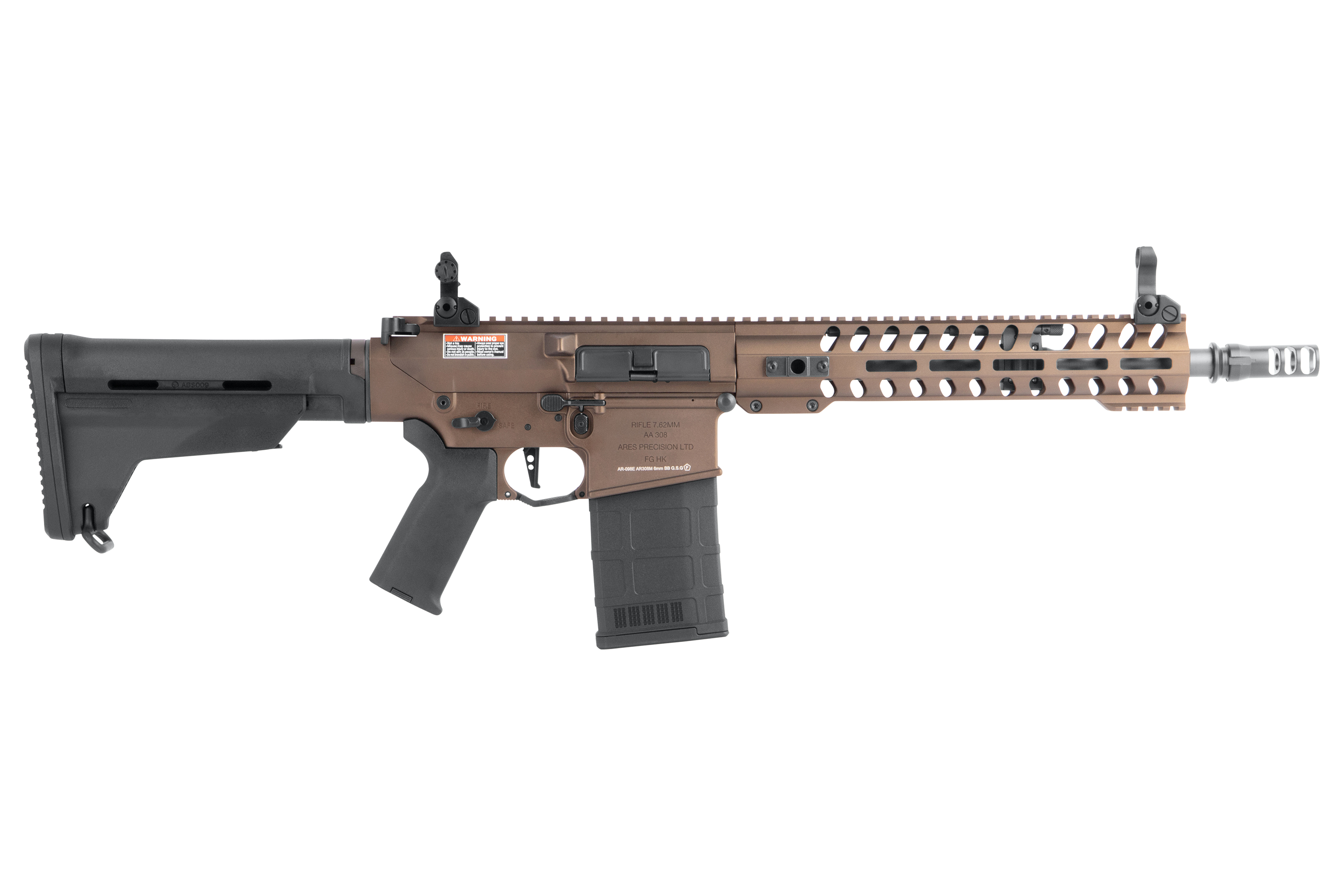 Ares Precision AR-308 Airsoft-Gewehr in Bronze und Schwarz mit modularem Handschutz, verstellbarem Schaft und Eisenvisier.