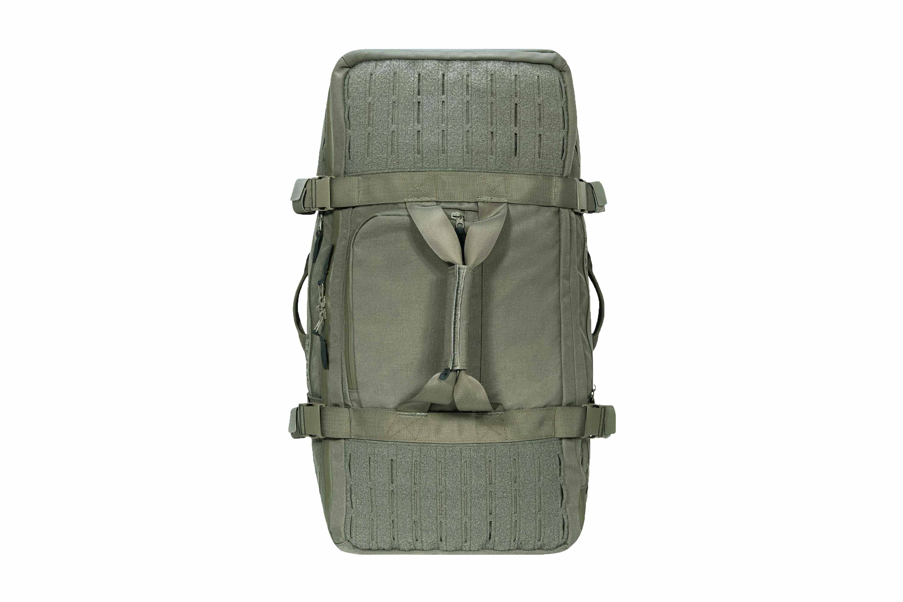 Olivgrüne Tasche für taktische Ausrüstung mit MOLLE-Gurtband, verstärkten Tragegriffen und verstellbaren seitlichen Kompressionsriemen.