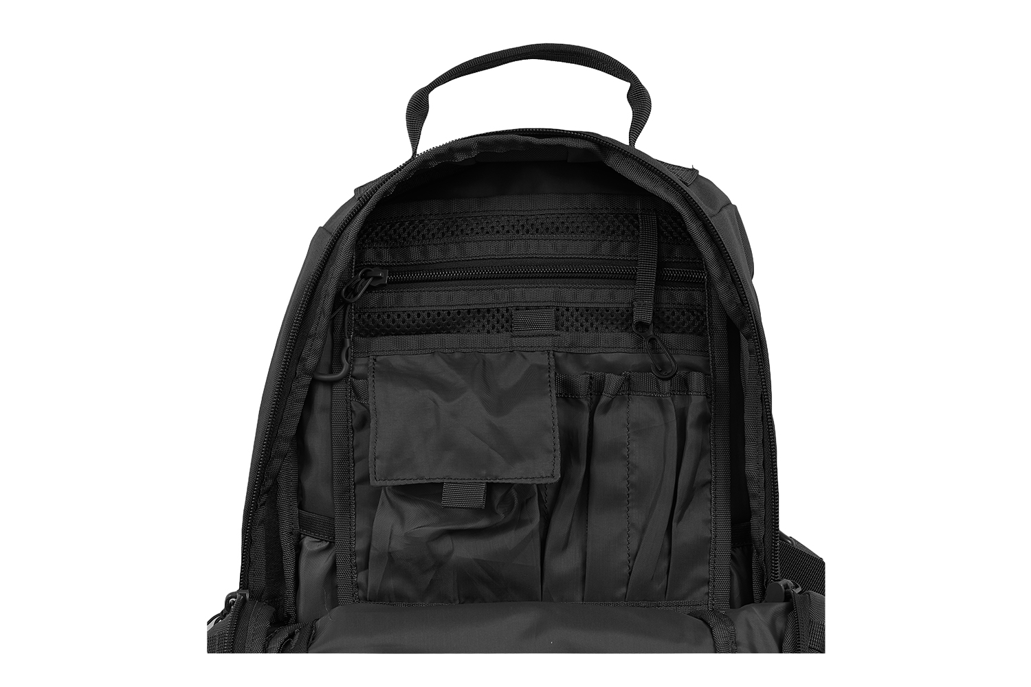Innenansicht eines schwarzen taktischen Rucksacks mit organisierten Aufbewahrungstaschen, Netzfächern und einem Tragegriff.