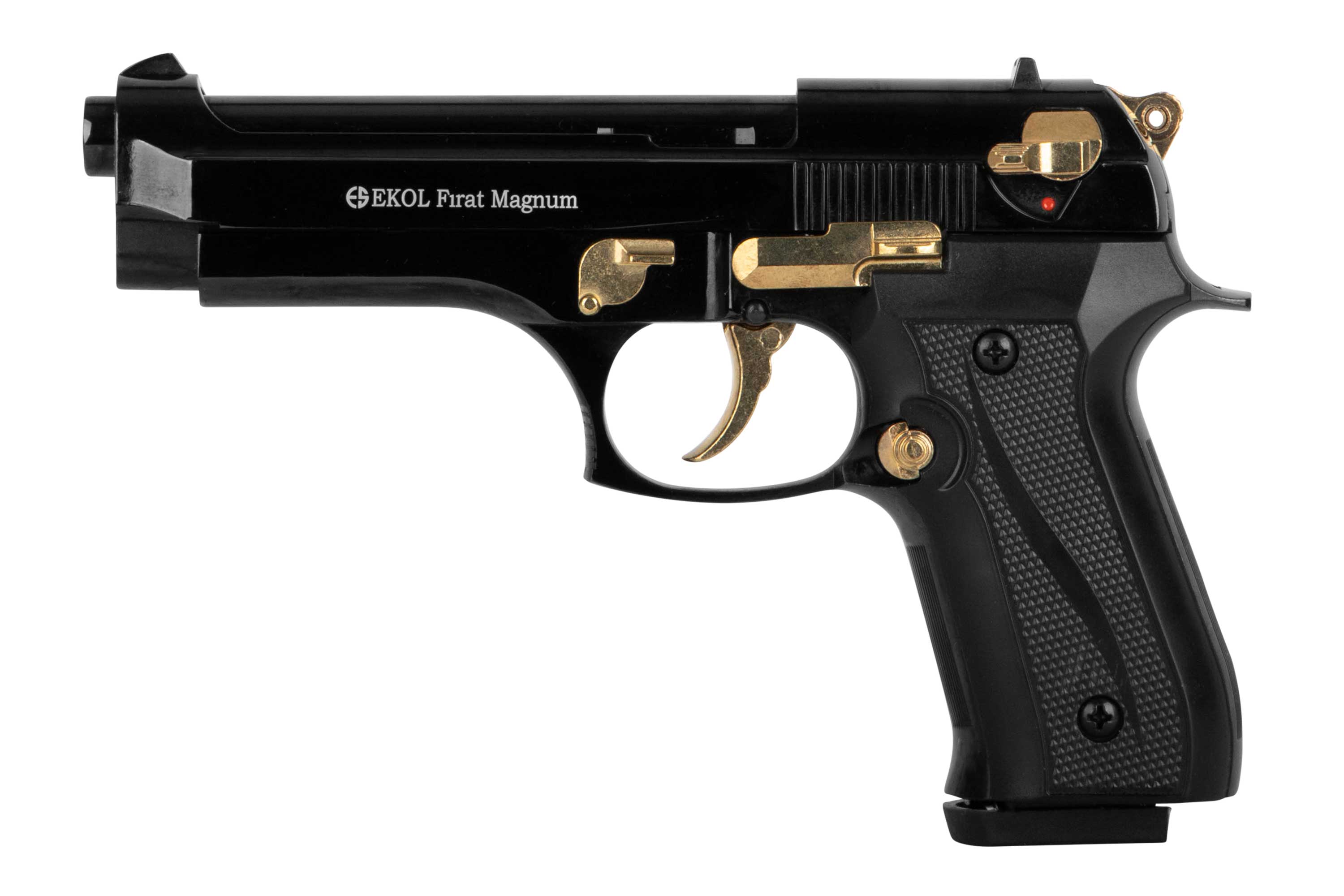 Ekol Firat Magnum Luftpistole mit schwarzem Finish und goldenen Akzenten, ideal für Schusswaffenliebhaber.