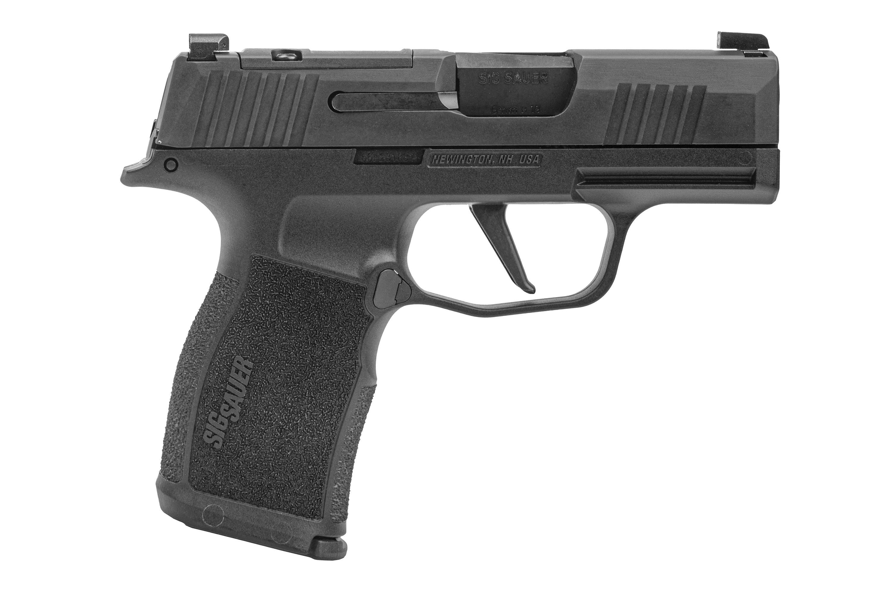 SIG Sauer P365 Luftpistole in Schwarz mit strukturiertem Griff und kompaktem Design für Schusswaffenliebhaber.