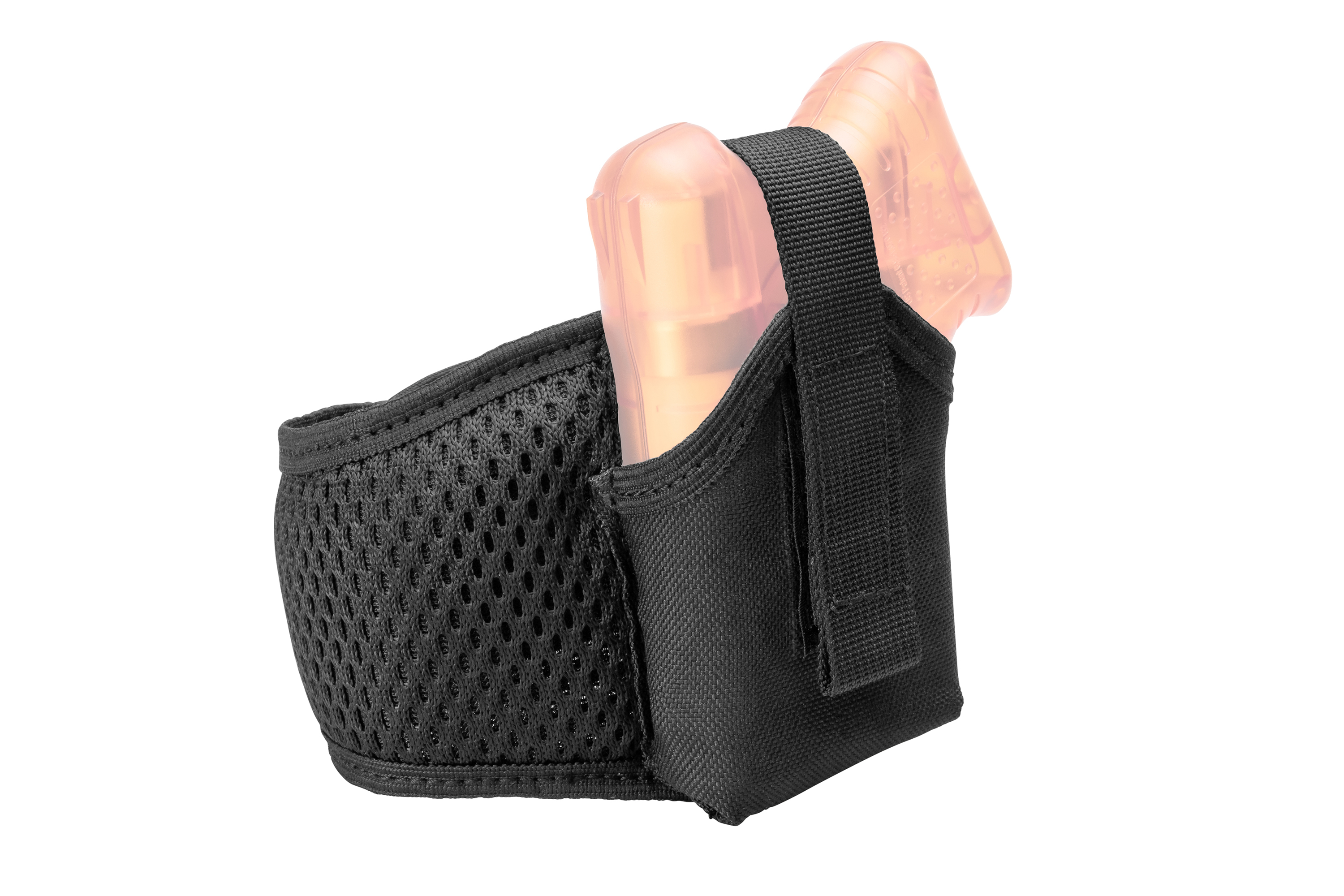 Schwarzes Nylon-Gürtelholster für Pfefferspray mit Netzpolsterung und sicherem Riemen zum einfachen Tragen von Selbstverteidigungsausrüstung.