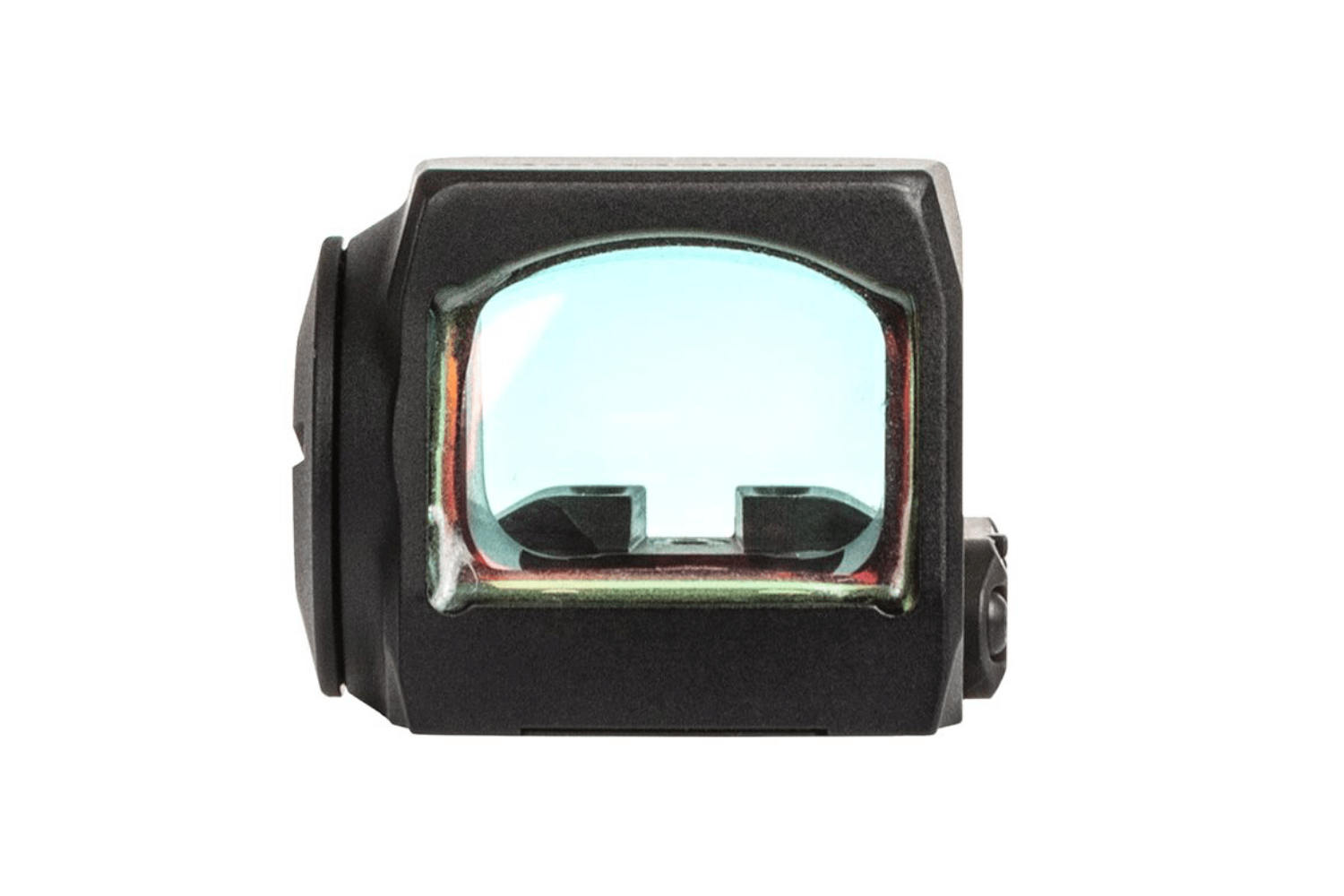 Schwarzes Reflex-Leuchtpunktvisier mit quadratischem Gehäuse und klarer, leicht blau getönter Glaslinse auf weißem Hintergrund.