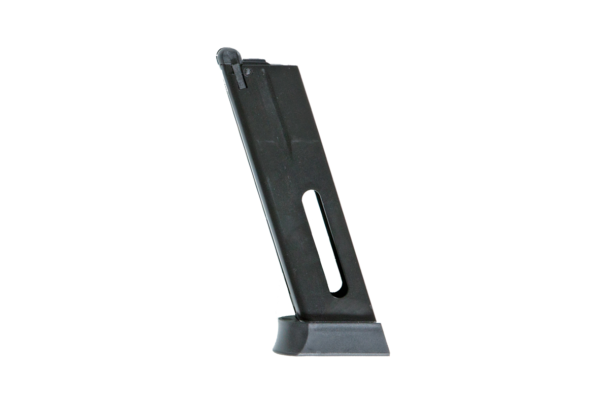 Schwarzes Luftpistolenmagazin aus Metall mit Grundplatte und seitlichem Sichtschlitz, isoliert vor einem schlichten weißen Hintergrund.