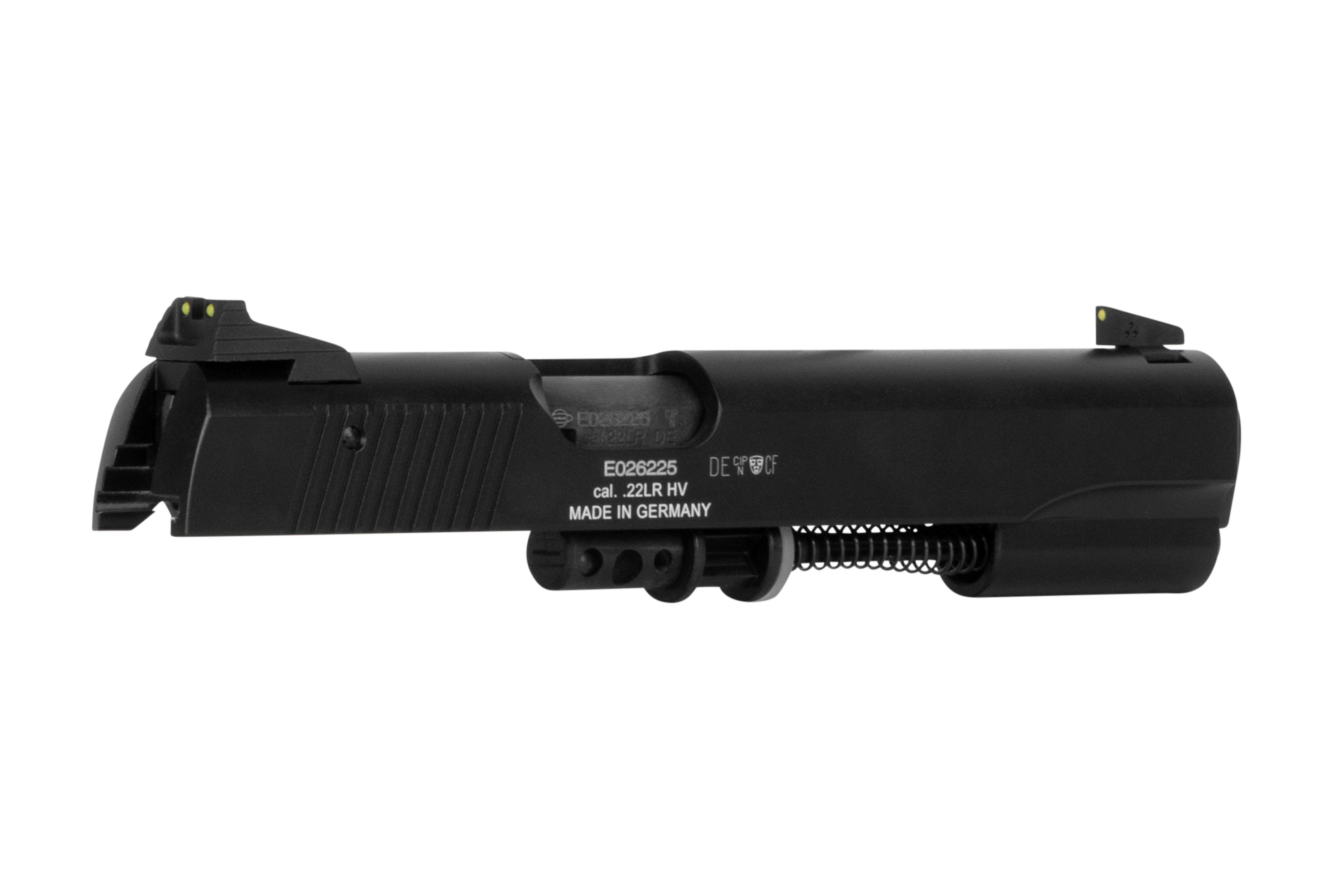 Schwarzer Luftpistolenschlitten mit Glasfaservisier, kompatibel mit .22LR, hergestellt in Deutschland.