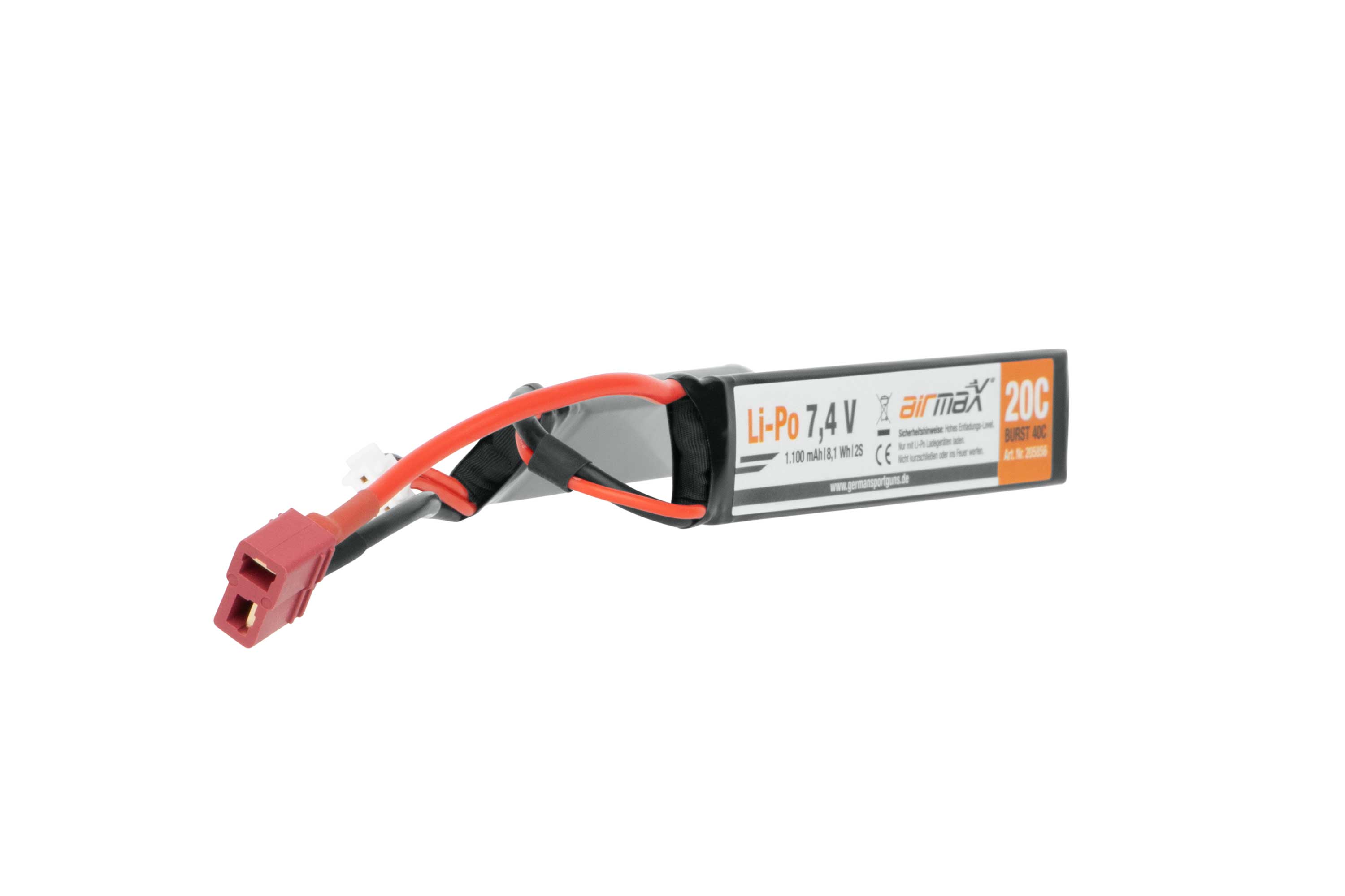 Airmax 7,4V 1100mAh 20C Li-Po-Akku für Airsoft-Waffen mit T-Stecker-Anschluss, schwarz-oranges Gehäusedesign.