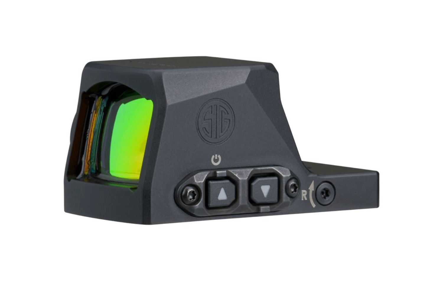 SIG Sauer ROMEO1 Reflexvisier mit grüner Linse, Bedienknöpfen und elegantem schwarzem Design.