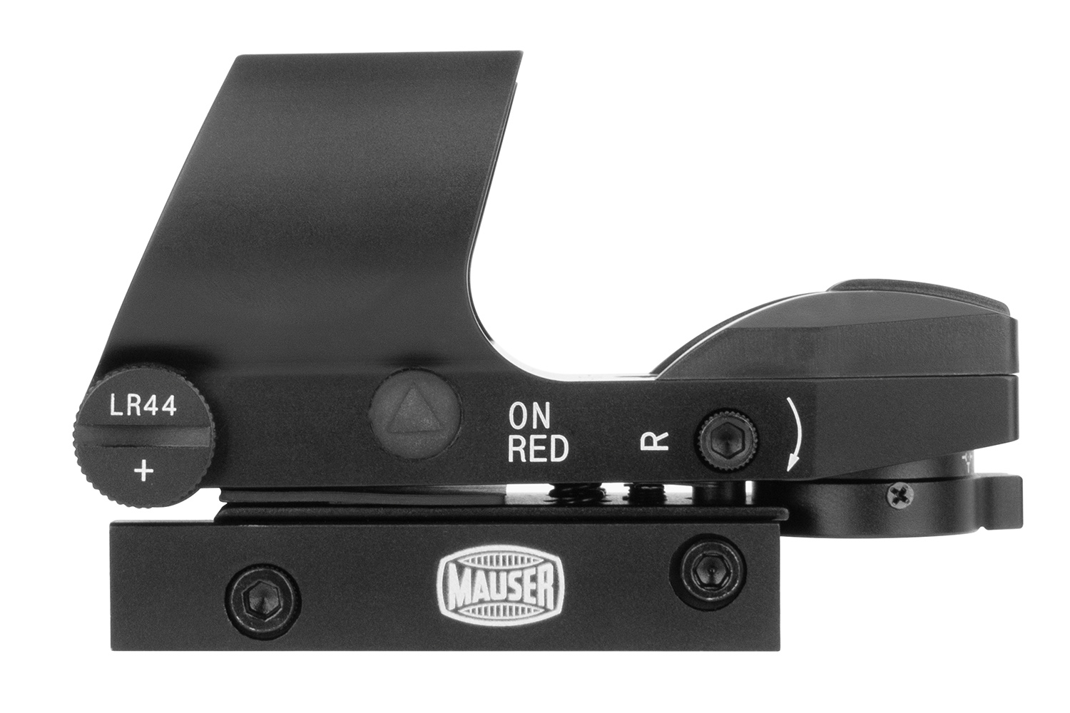 Schwarzes Mauser-Leuchtpunktvisier mit LR44-Batteriefach, seitlicher Einstellschraube und Montagesockel auf weißem Hintergrund.