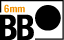 Icon mit der Aufschrift „6mm BB“ in Schwarz und Orange, daneben ein großer schwarzer Kreis. Symbol für 6mm Airsoft-Kugeln.