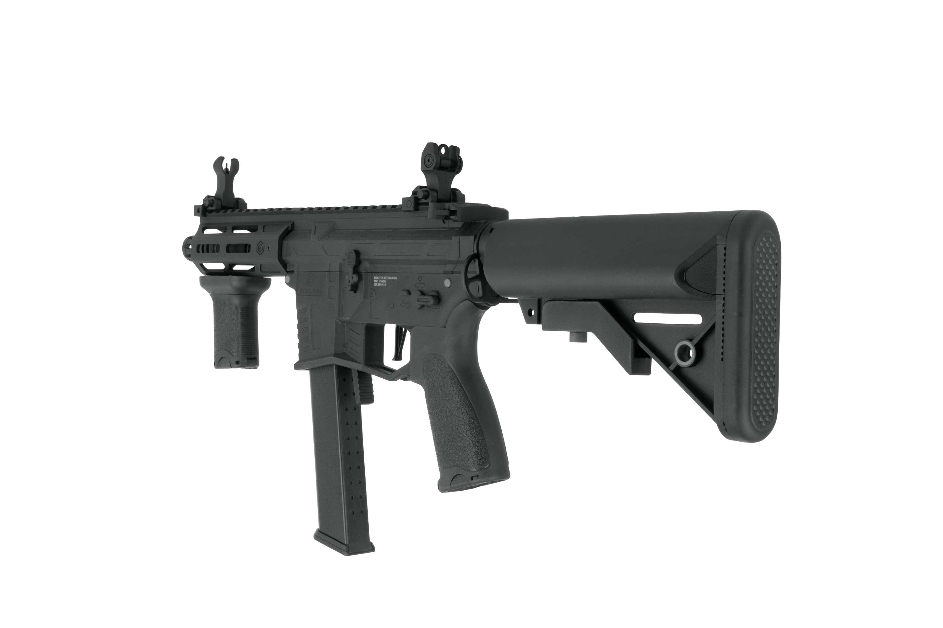 Nahaufnahme des schwarzen Airsoft-Gewehrs Evolution International Mod Reaper mit taktischem Handschutz und Frontgriff.