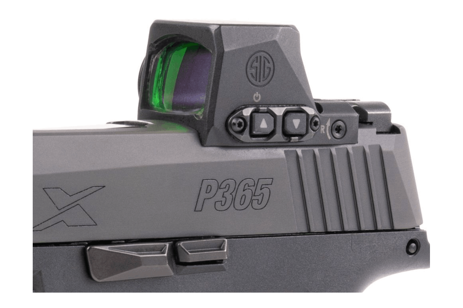Schwarzer Sig Sauer P365-Pistolenschlitten mit montiertem Reflexvisier mit grüner Linse und seitlich angebrachten Bedienknöpfen.