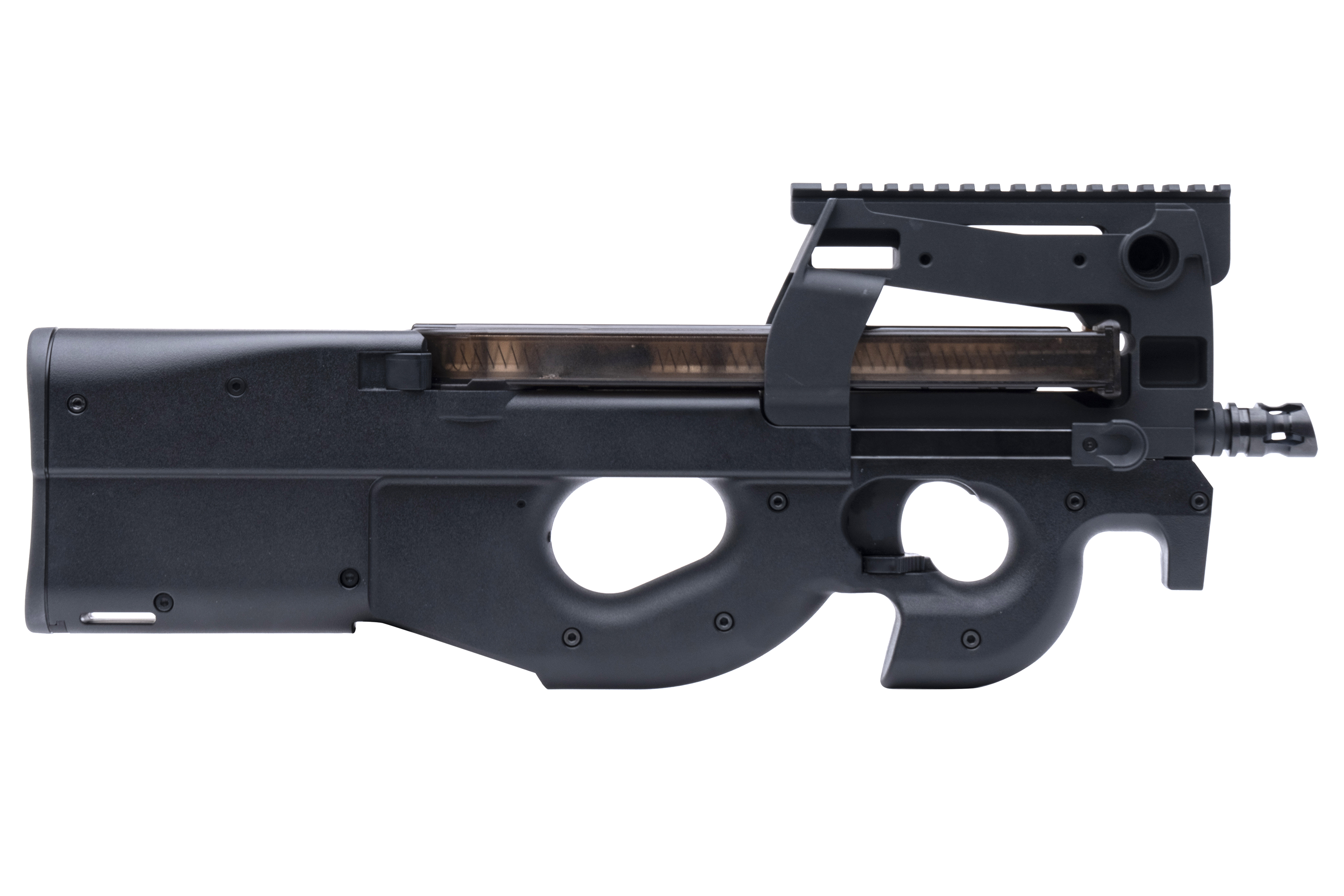 Schwarzes FN P90 Airsoft-Gewehr mit Bullpup-Design, integrierter Oberschiene und durchscheinendem Magazin auf weißem Hintergrund.