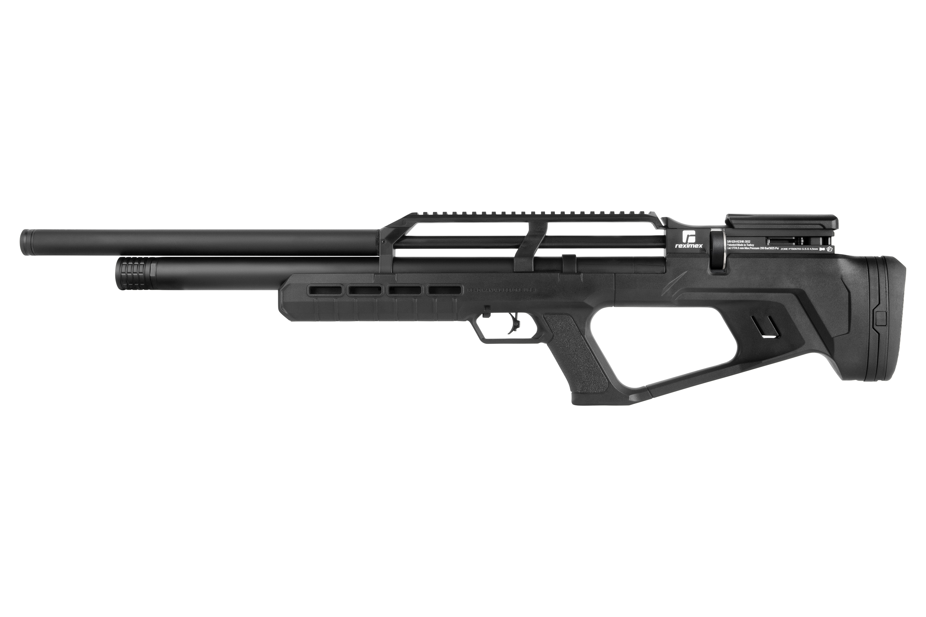 Schwarzes Luftgewehr mit ergonomischem Design, integrierter Schiene und Präzisionslauf für verbesserte Schussleistung.