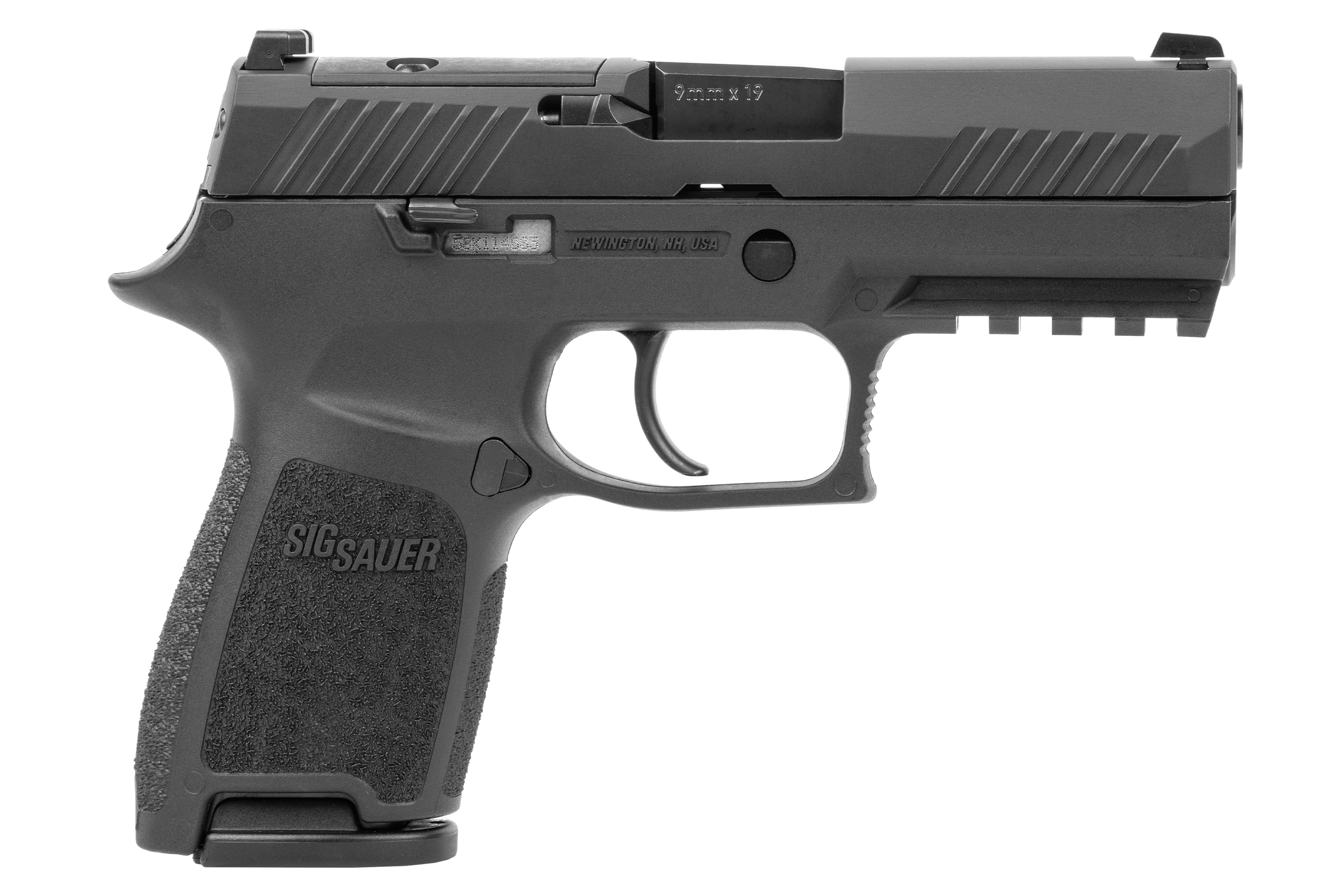 SIG Sauer P365 Luftpistole in Schwarz mit strukturiertem Griff und kompaktem Design für verbesserte Handhabung.