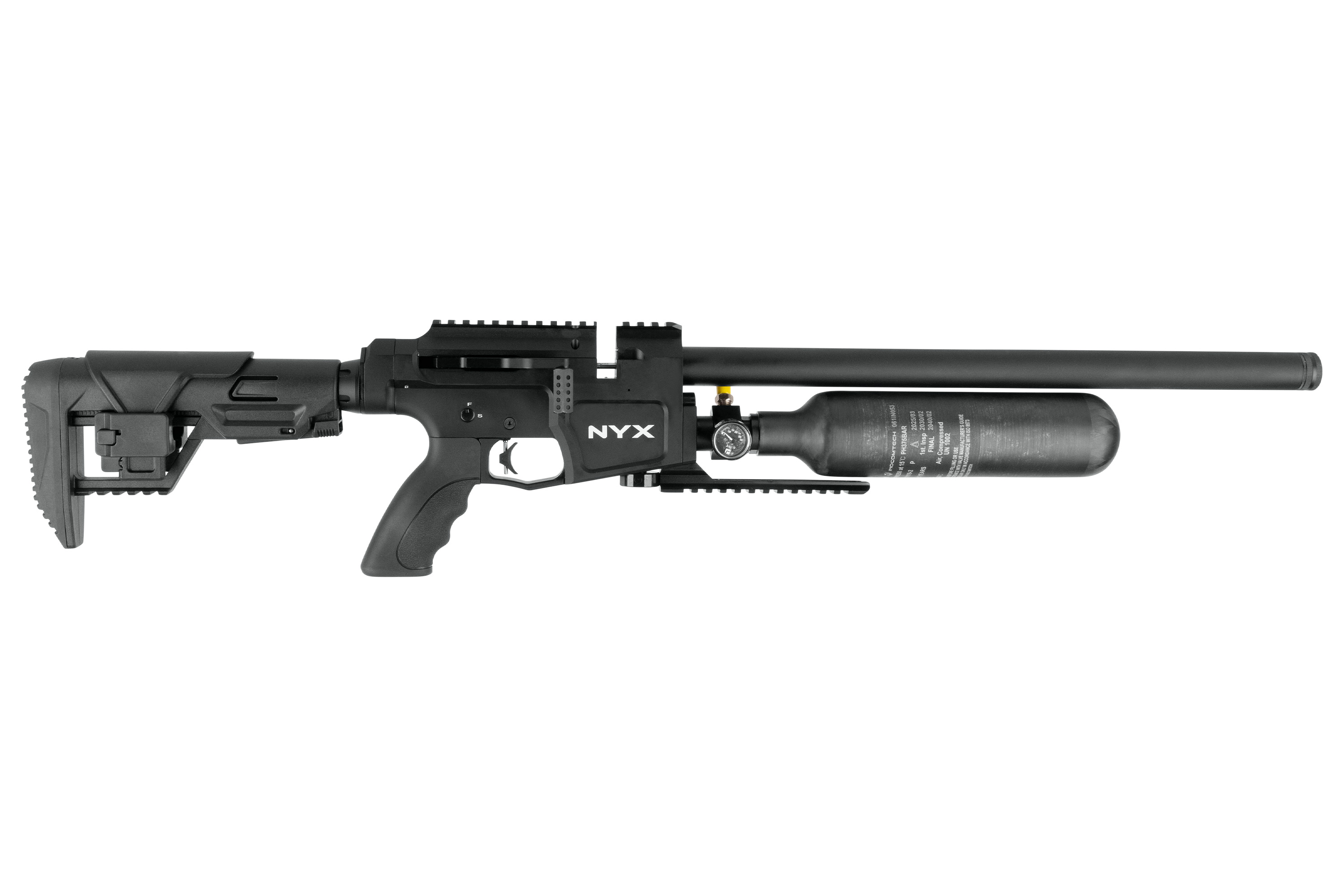 NYX-Luftgewehr mit elegantem schwarzem Design, verstellbarem Schaft und integriertem Lufttank für optimale Leistung.