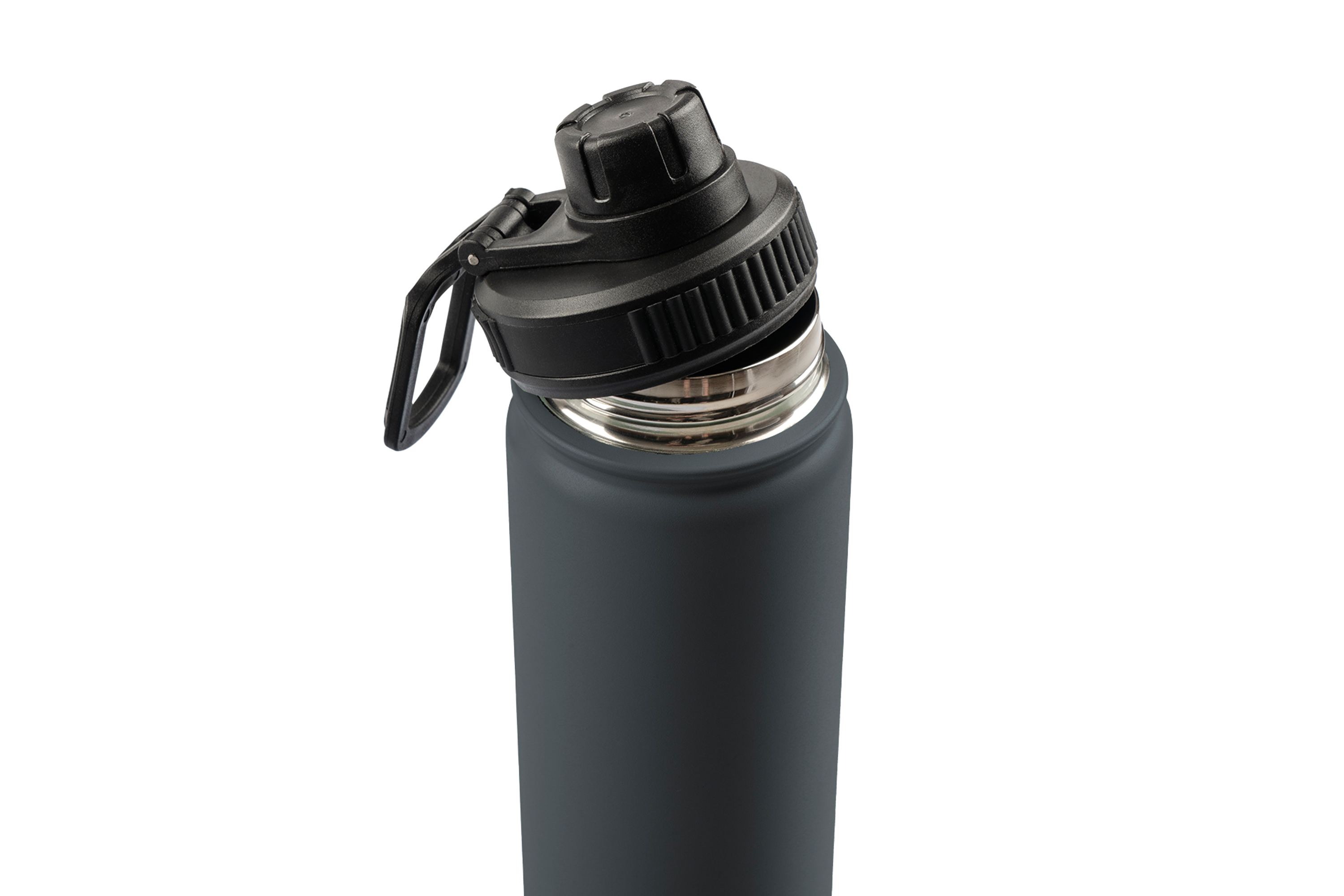Eine matte, dunkelgraue Edelstahl-Wasserflasche mit schwarzem Schraubverschluss und Trageschlaufe, isoliert auf weißem Hintergrund.