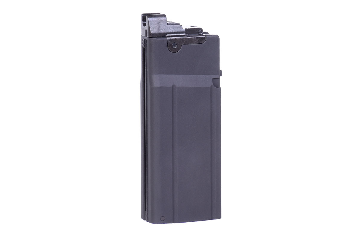 Schwarzes Metallmagazin für ein Luftgewehr mit robustem rechteckigem Design und oben montiertem Zuführmechanismus.
