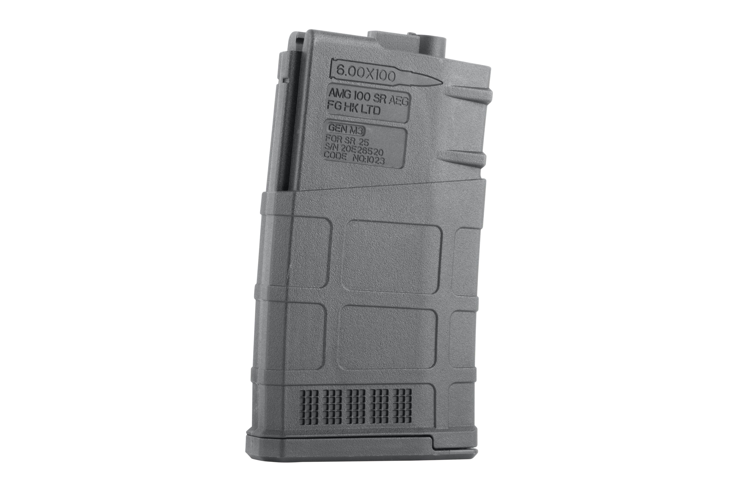 Schwarzes Polymer-Magazin AMG 100 SR AEG Gen M3 für SR 25 Airsoft-Gewehre mit strukturiertem Griff und geformten Markierungen.
