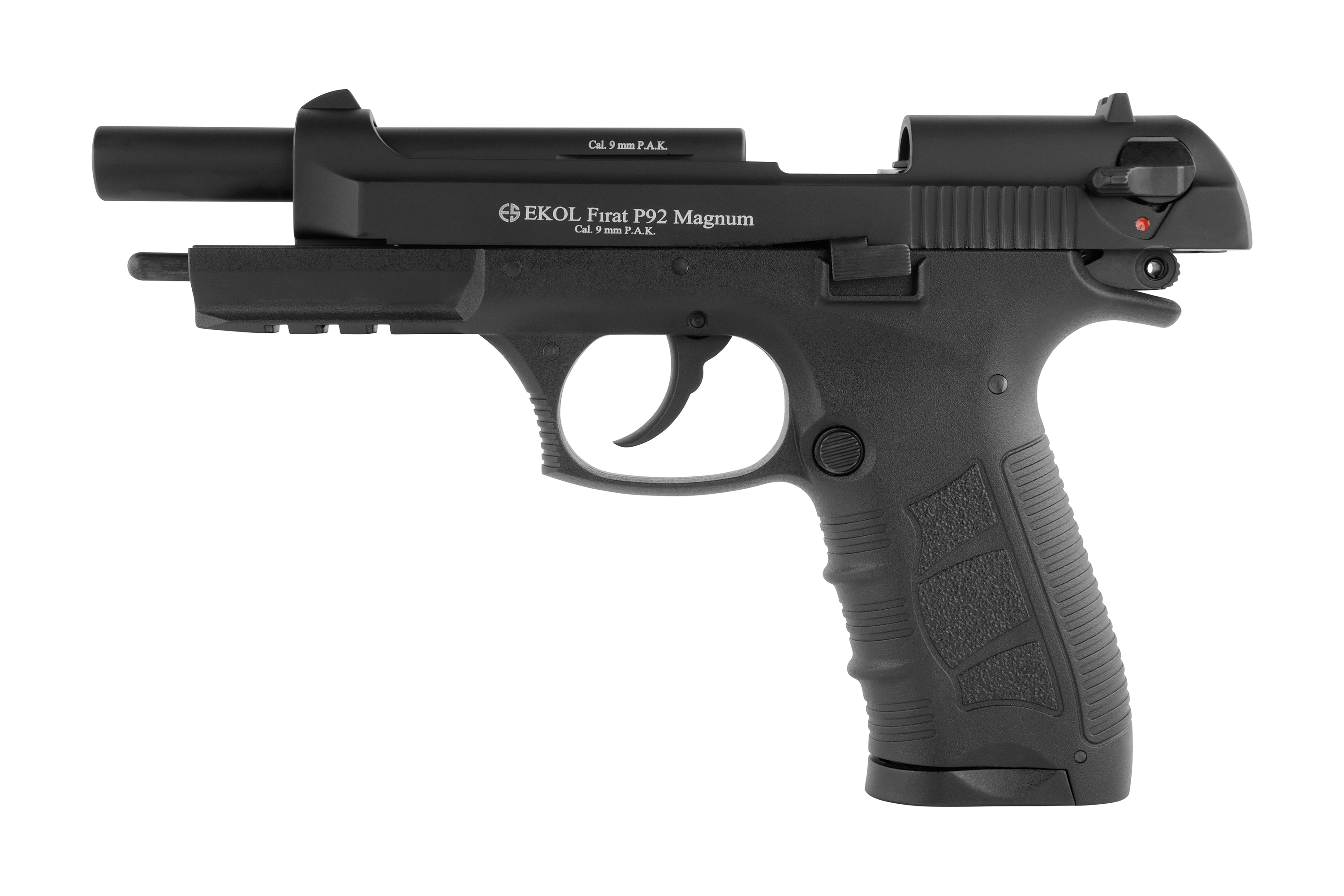 EKOL Firat P92 Magnum Luftpistole in Schwarz mit strukturiertem Griff und taktischem Design.