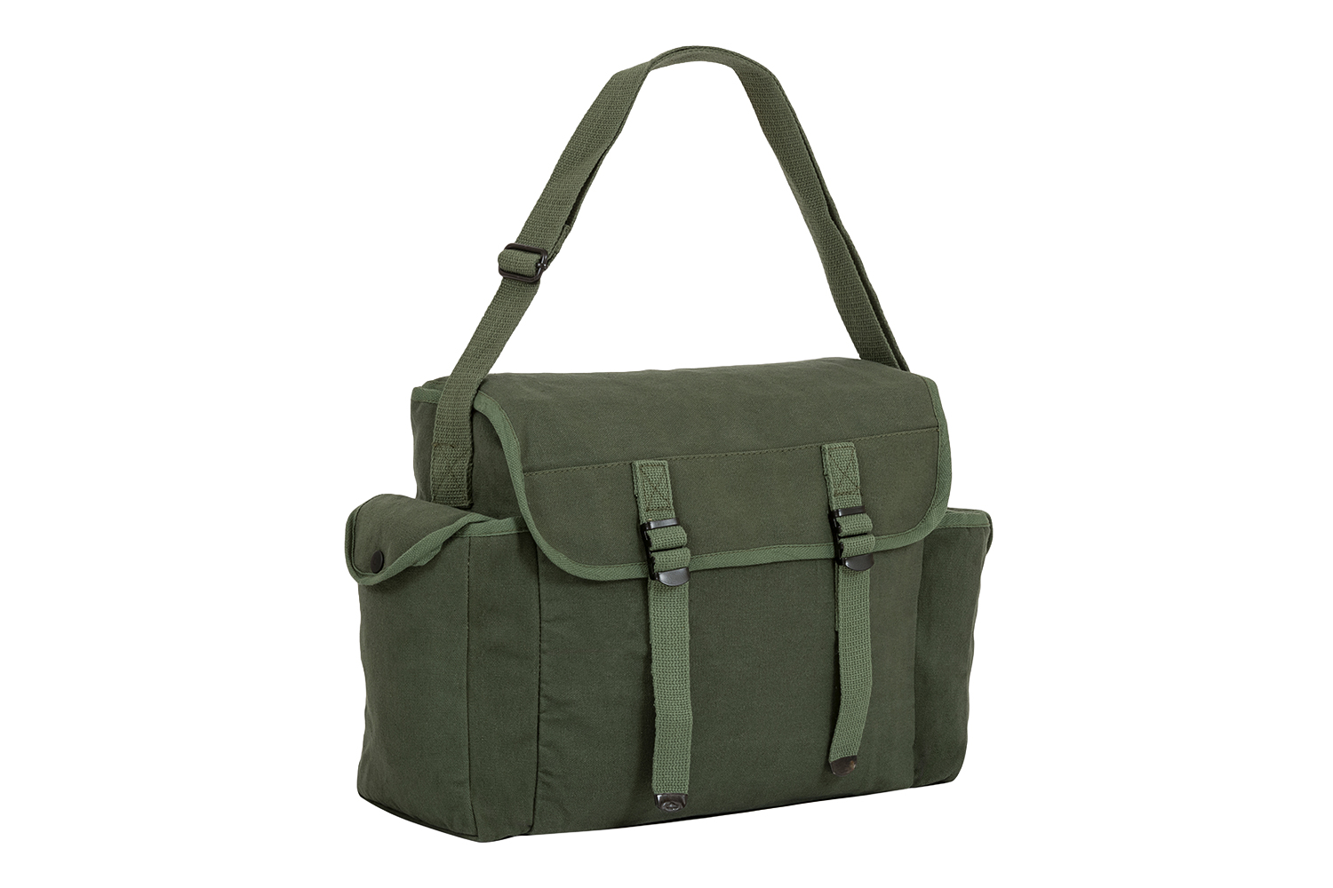 Robuste Schießtasche aus grünem Segeltuch mit verstellbarem Riemen und mehreren Taschen für Zubehör.