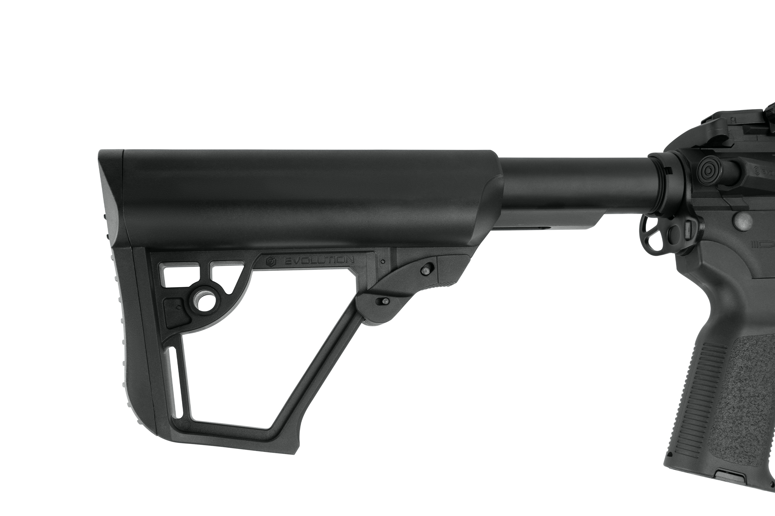 Verstellbarer Black Evolution-Gewehrschaft für Airsoft- und Schusswaffen mit robustem Polymerskelettdesign.