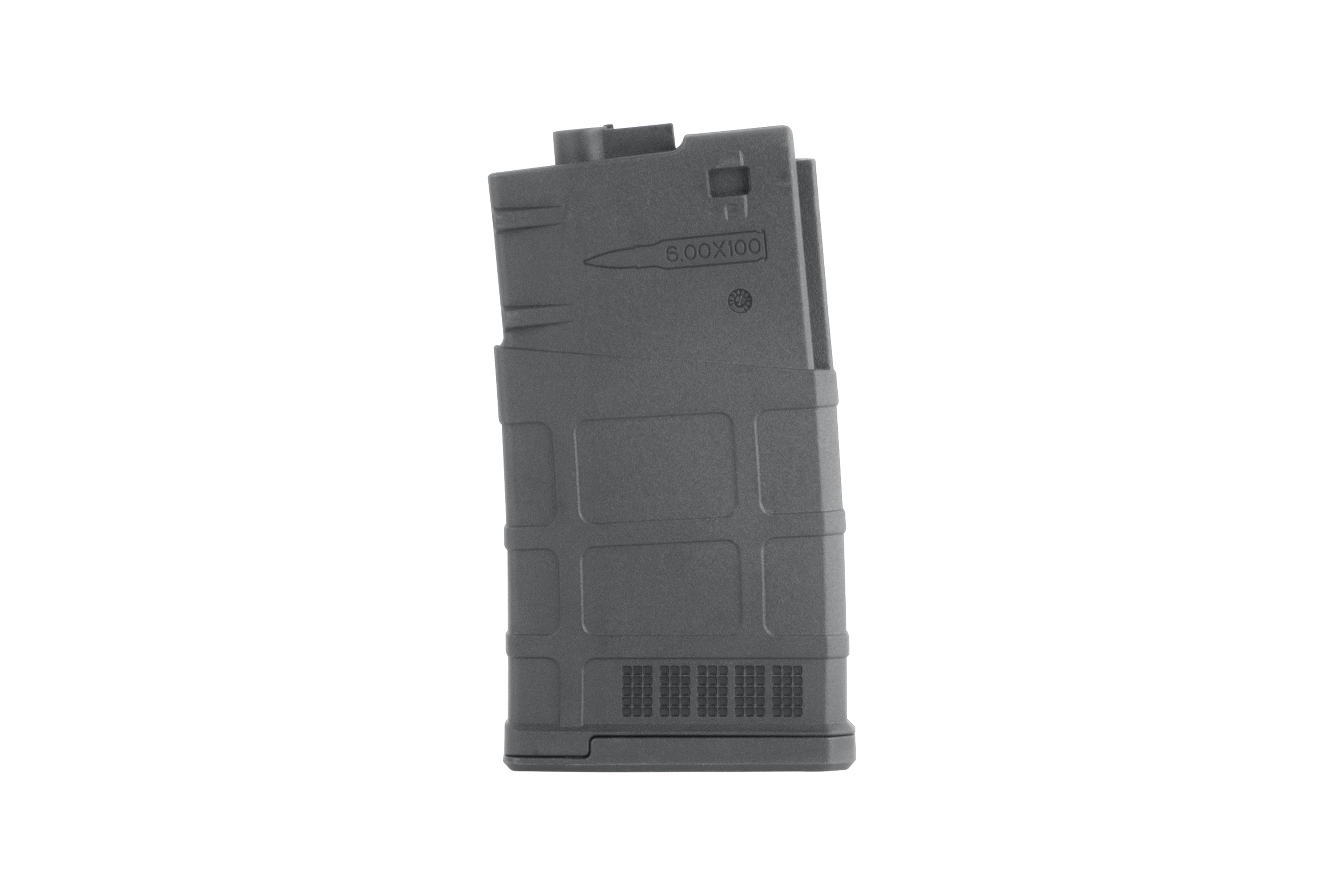 Schwarzes Polymermagazin für Airsoft-Gewehre mit strukturierter Griffoberfläche und seitlicher Kalibermarkierung 6,00 x 100.