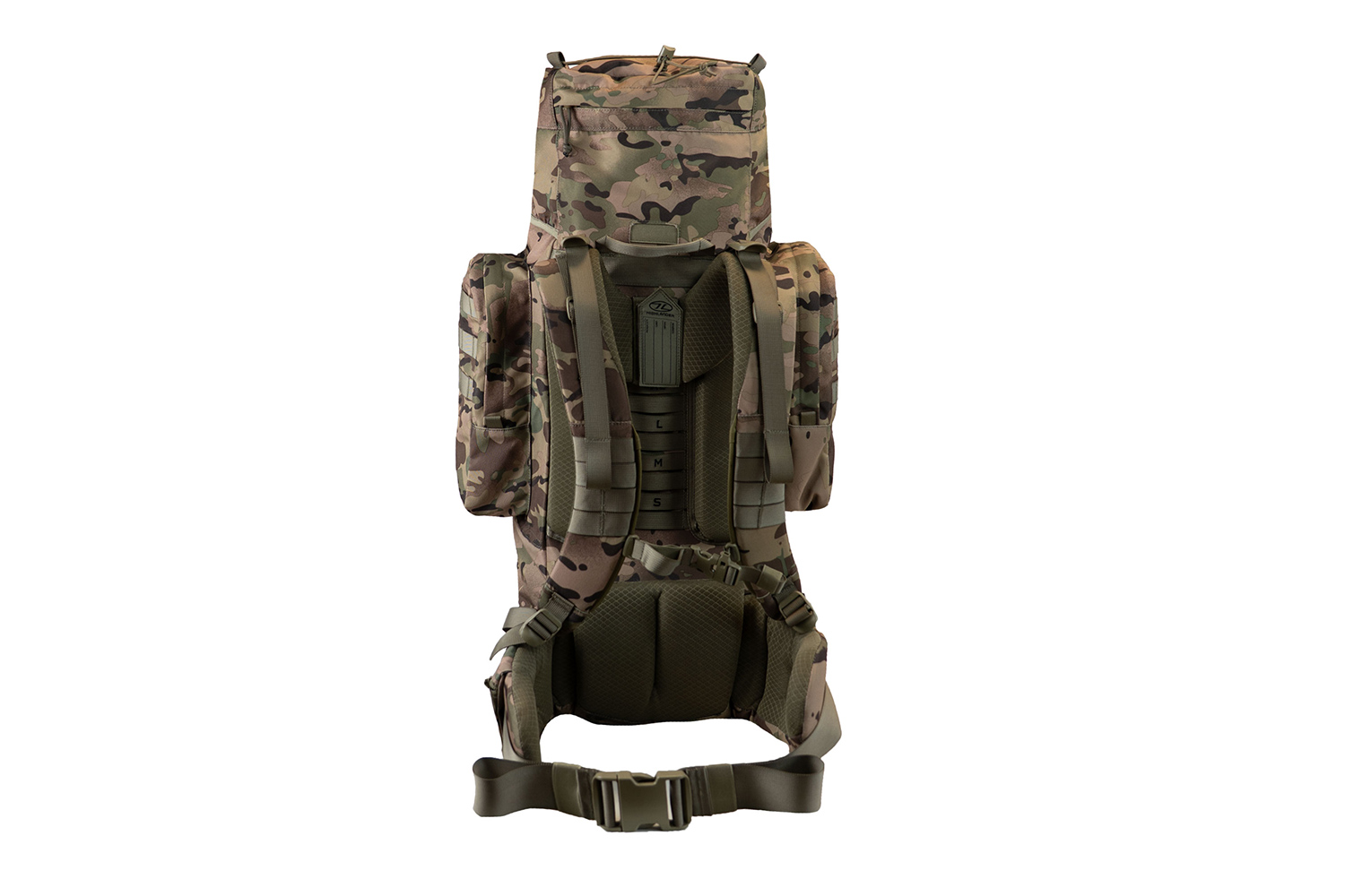 Rückansicht eines taktischen Rucksacks im Tarnmuster mit verstellbaren Schultergurten, gepolstertem Rücken und Hüftgurt.