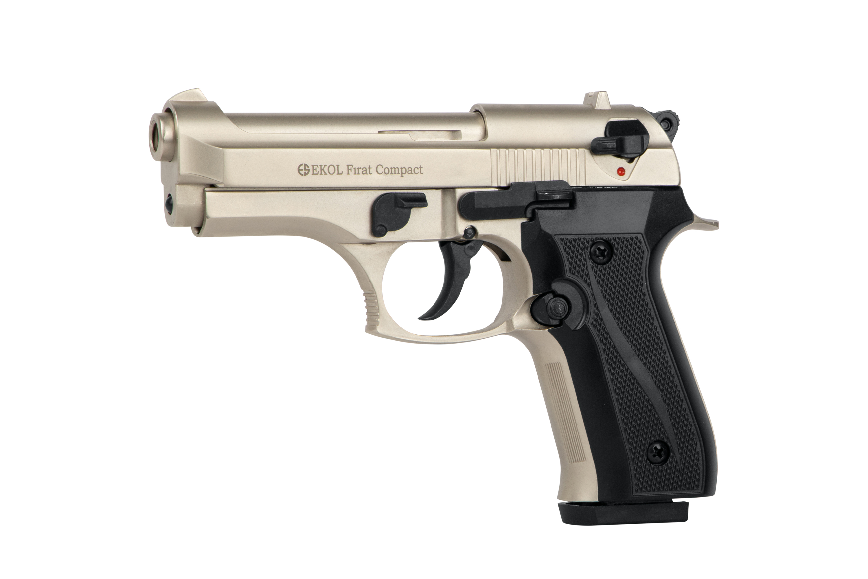 EKOL Firat Compact Luftpistole in Silber und Schwarz mit ergonomischem Griff und Sicherheitsfunktionen.