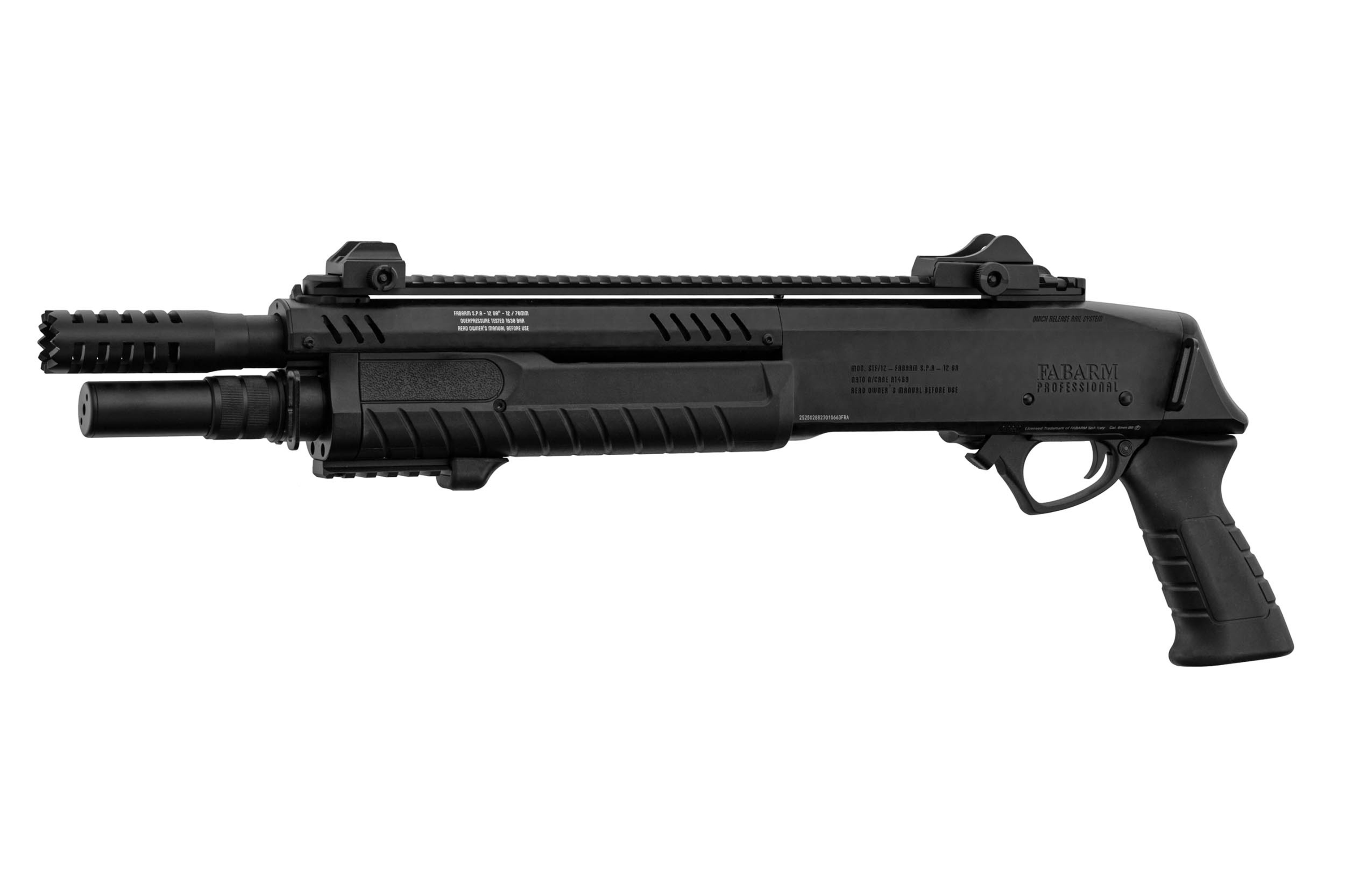 Fabarm Professionelle schwarze taktische Schrotflinte mit kurzem Lauf, integriertem Schienensystem und ergonomischem Pistolengriff.