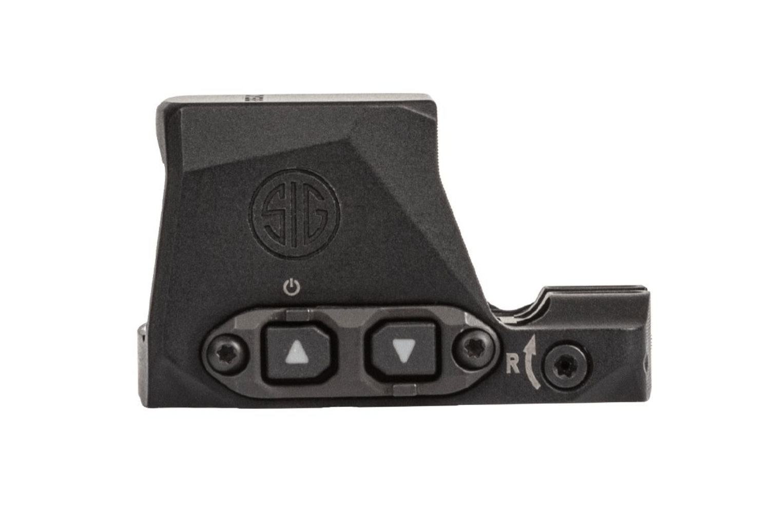 Seitenansicht eines schwarzen Sig Sauer-Reflexvisiers mit Einstellknöpfen mit Auf- und Ab-Pfeil und einem Power-Symbol.