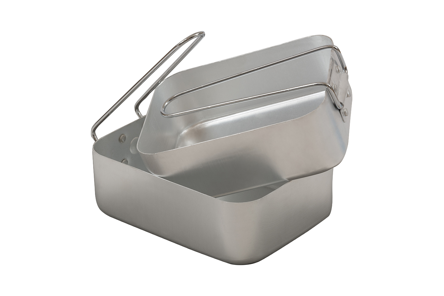 Zweiteiliges Besteckset aus silbernem Aluminium mit klappbaren Drahtgriffen, ideal zum Kochen im Freien und zur Aufbewahrung von Feldausrüstung.