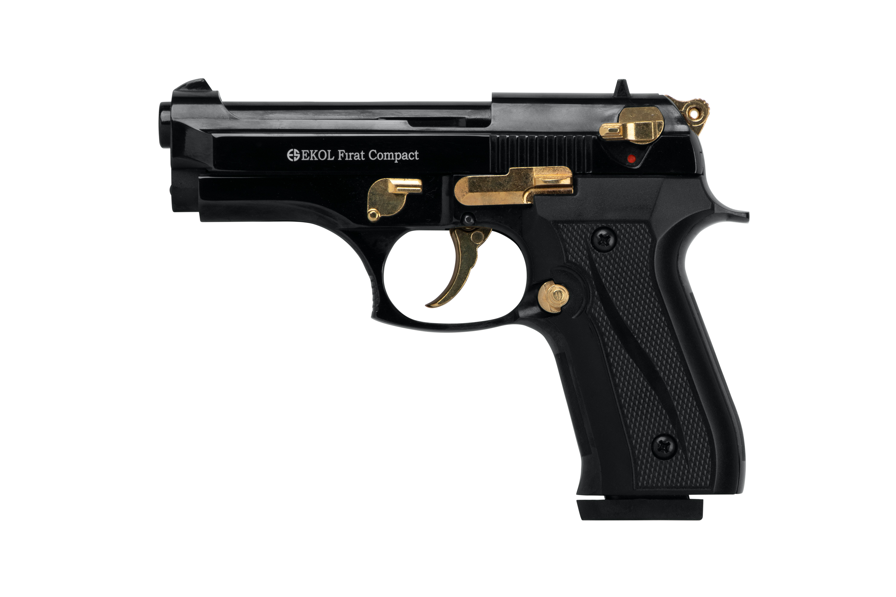 EKOL Firat Compact Luftpistole mit schwarzem Finish und goldenen Akzenten, ideal für Schusswaffenliebhaber.