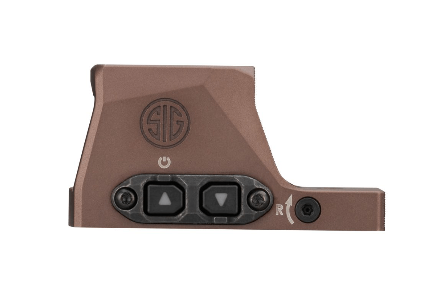 SIG Sauer Rotpunktvisier in Bronze mit Bedienknöpfen für präzises Zielen und verbesserte Schussgenauigkeit.