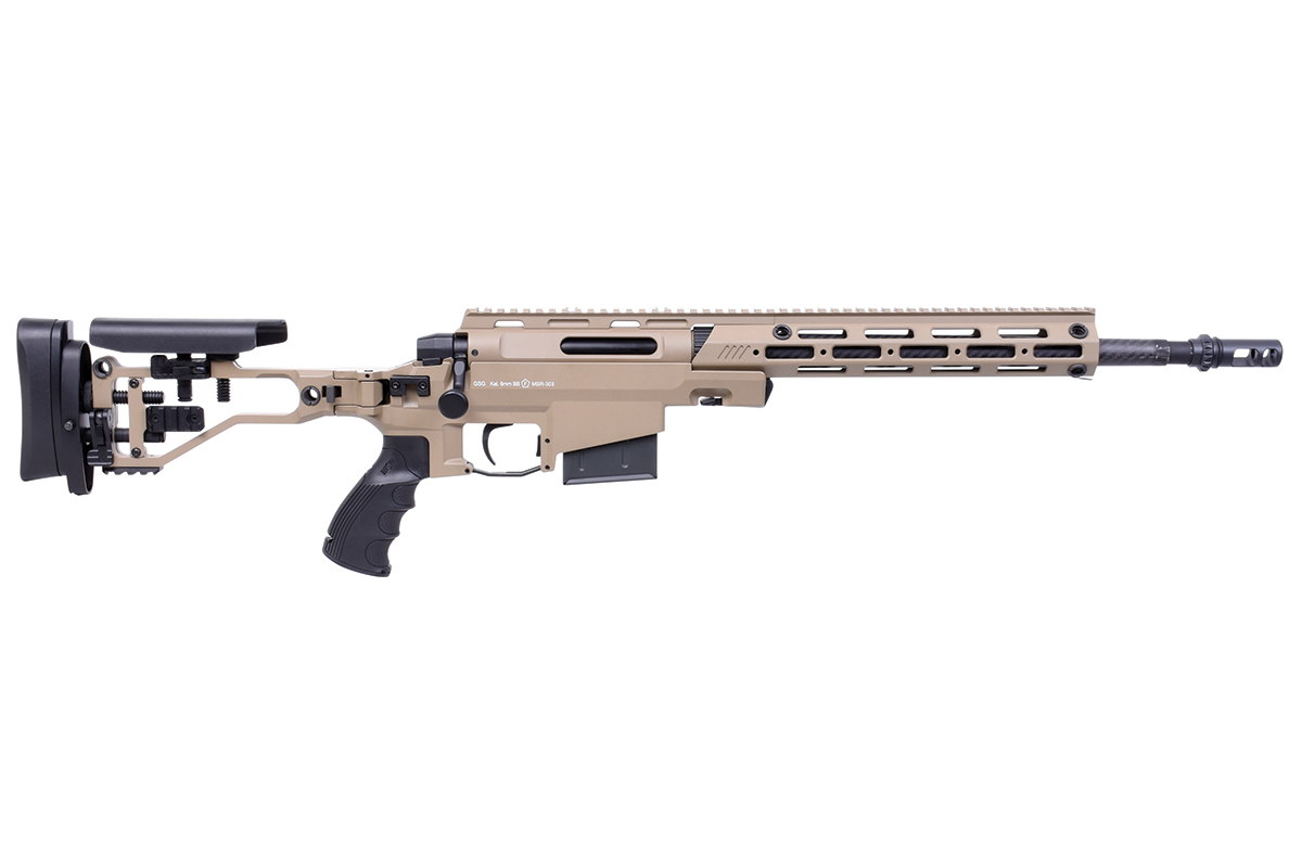 GSG MSR-303 Repetier-Luftgewehr in Hellbraun mit verstellbarem Skelettschaft, M-LOK-Handschutz und Mündungsbremse.