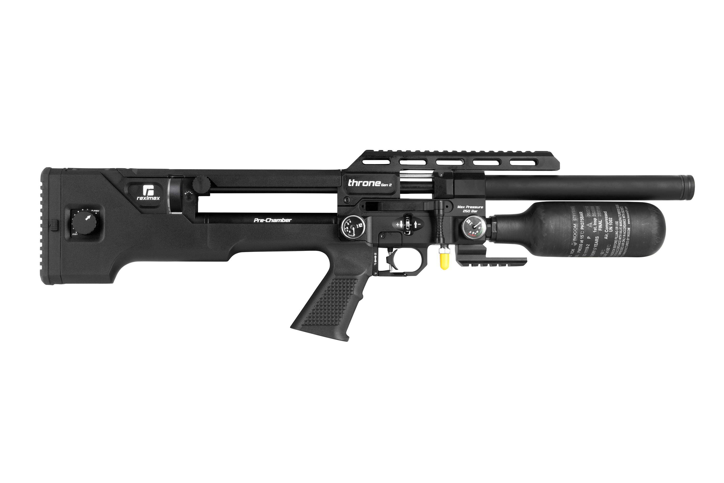 Schwarzes Luftgewehr mit verstellbarem Schaft, Manometer und taktischer Schiene für Zubehör.