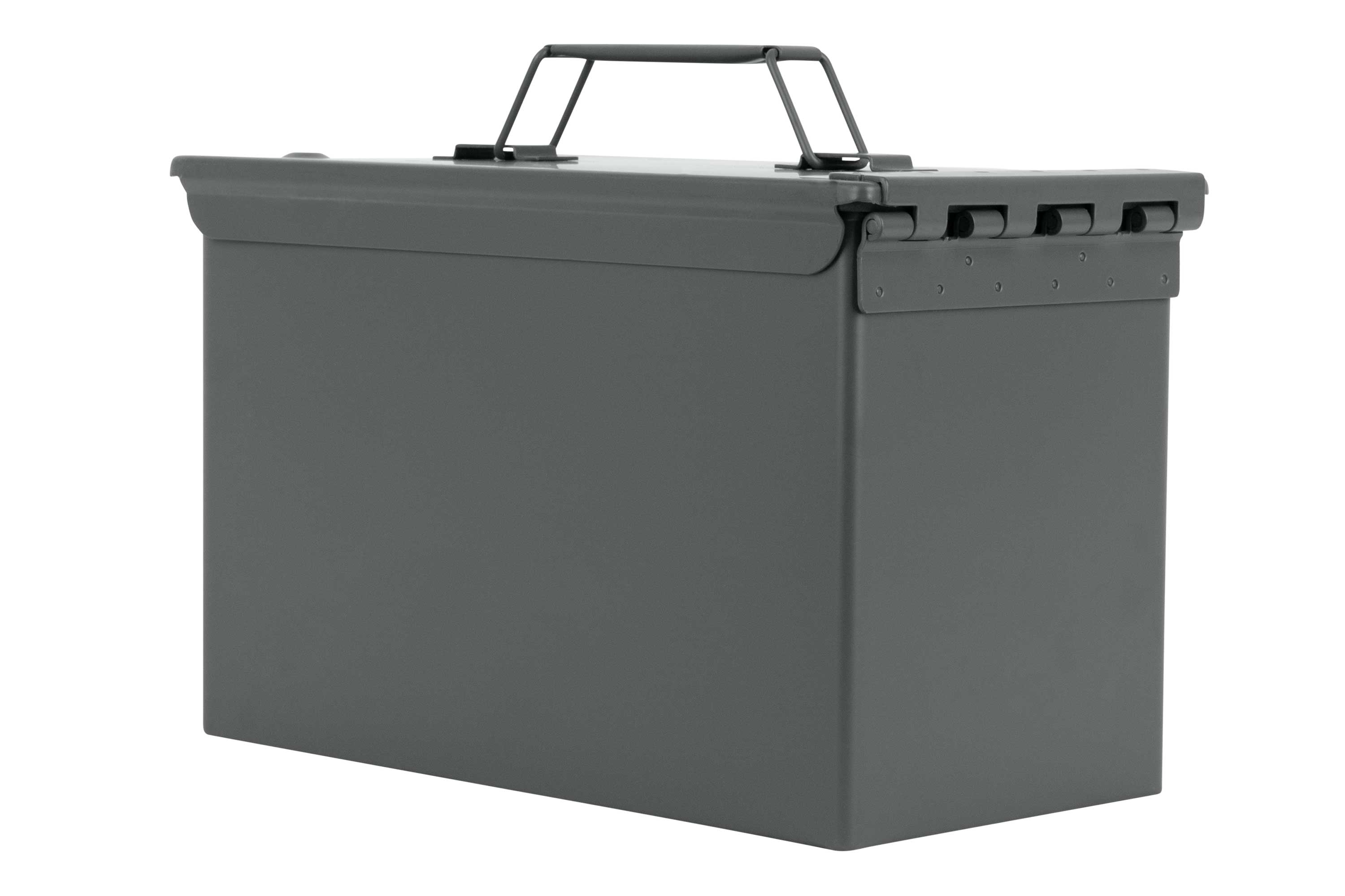 Eine langlebige Aufbewahrungsbox für Munition aus grauem Metall mit stabilem Tragegriff, ideal für die Organisation von Schusswaffenzubehör.