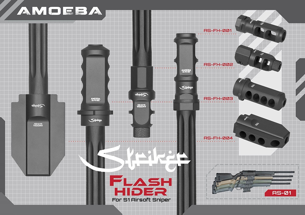 Amoeba Striker S1 Airsoft-Scharfschützen-Flash-Hider-Optionen, einschließlich der Modelle AS-FH-001, 002, 003 und 004 auf einem Gitterhintergrund.