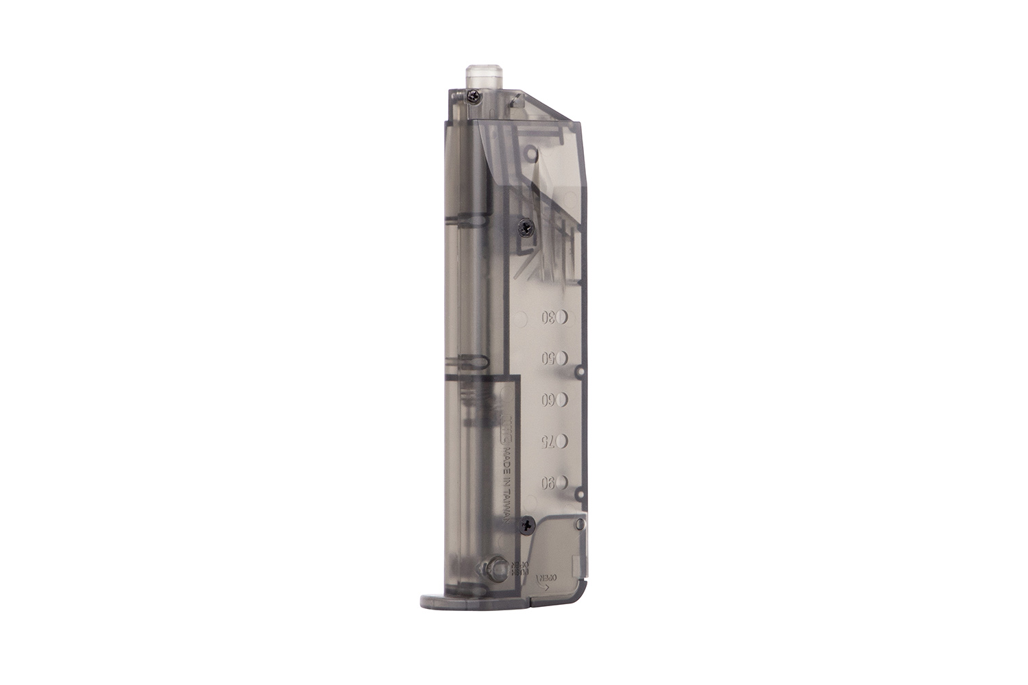 Transparentes graues Airsoft-Magazin für Luftpistolen mit langlebiger Polymerkonstruktion und seitlichen Kapazitätsmarkierungen.