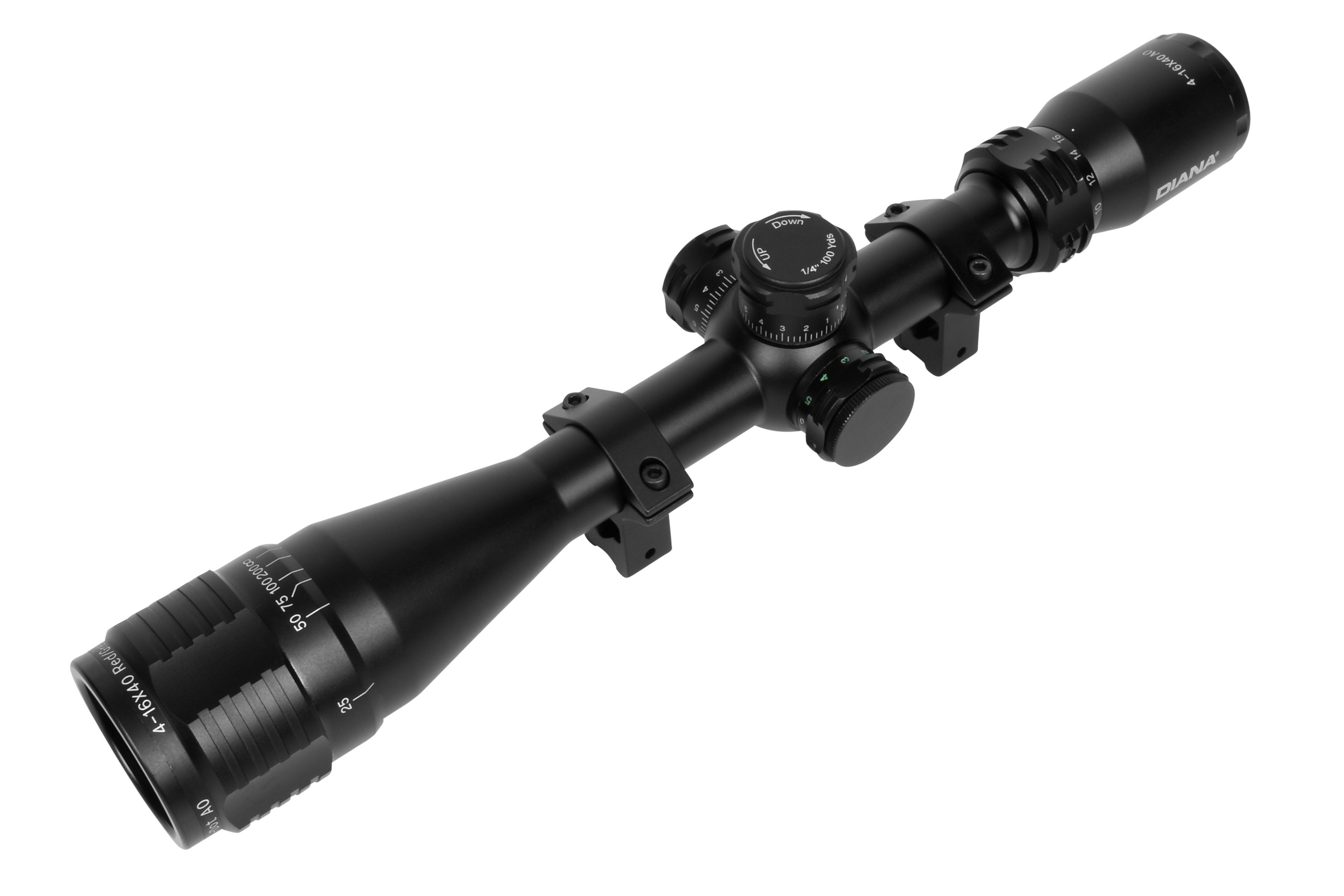 Schwarzes Diana 4-16x40 AO-Zielfernrohr mit verstellbarem Objektiv, Elevationstürmen und Montageringen auf weißem Hintergrund.