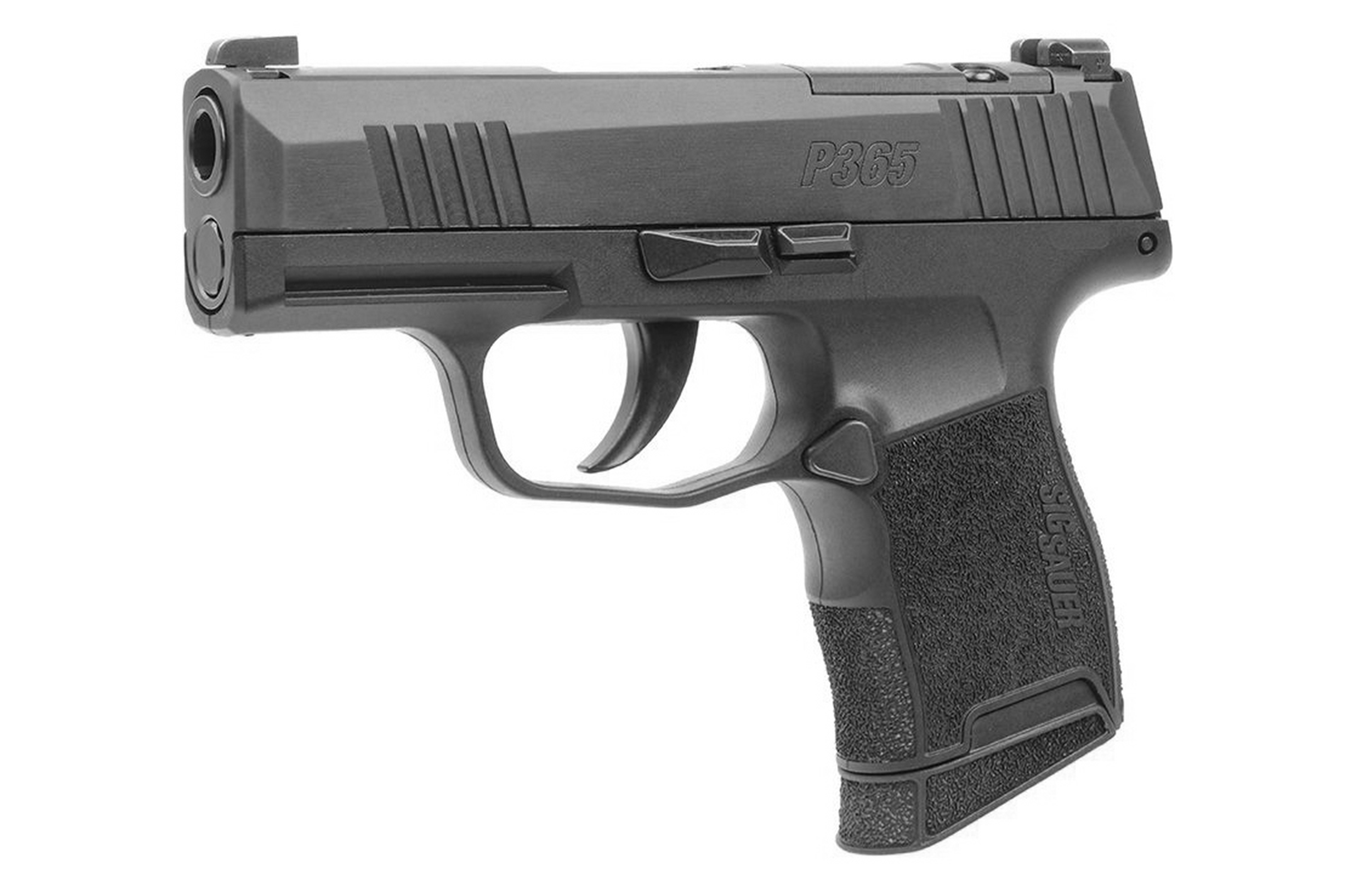 Kompakte Luftpistole Sig Sauer P365 in Schwarz mit strukturiertem Griff und glattem Schlittendesign.