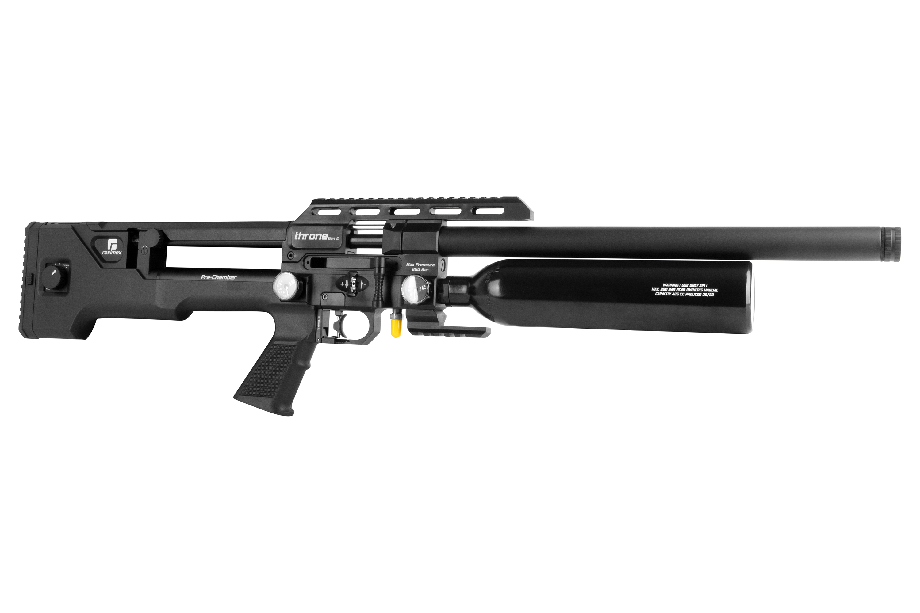 Throne Pro Chaser Luftgewehr in Schwarz mit verstellbarem Schaft und integriertem Lufttank.