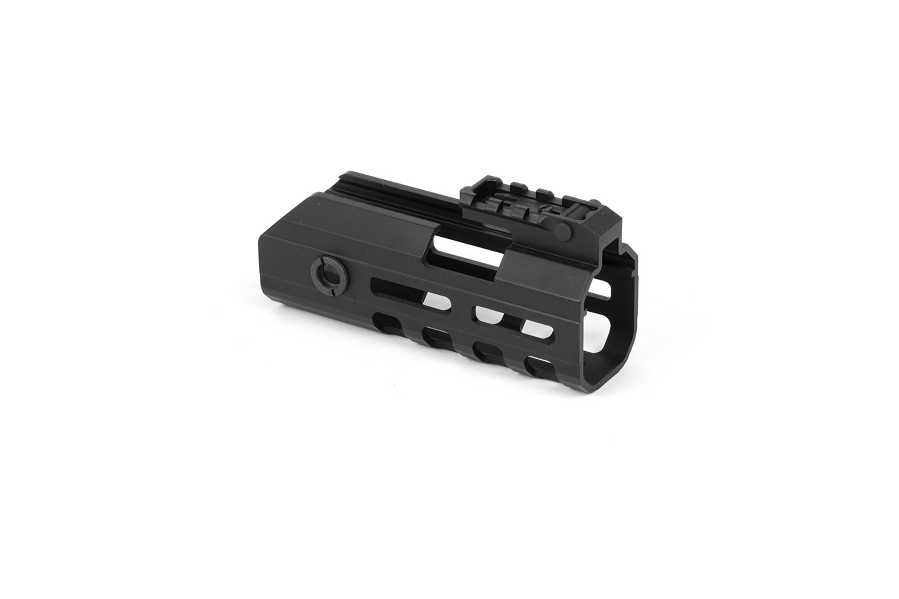 Handschutz aus schwarzem Metall für Luftgewehre mit belüftetem Design und integrierter oberer Schiene zur Zubehörmontage.