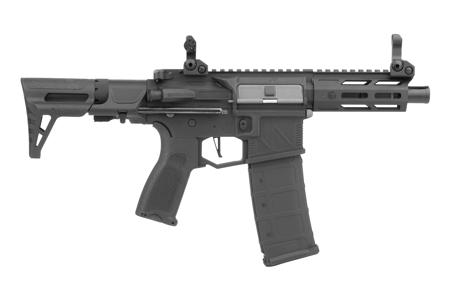 Carbonschwarzes Luftgewehr Evolution Airsoft Recon S mit verstellbarem Schaft, taktischem Schienensystem und Magazin mit hoher Kapazität.