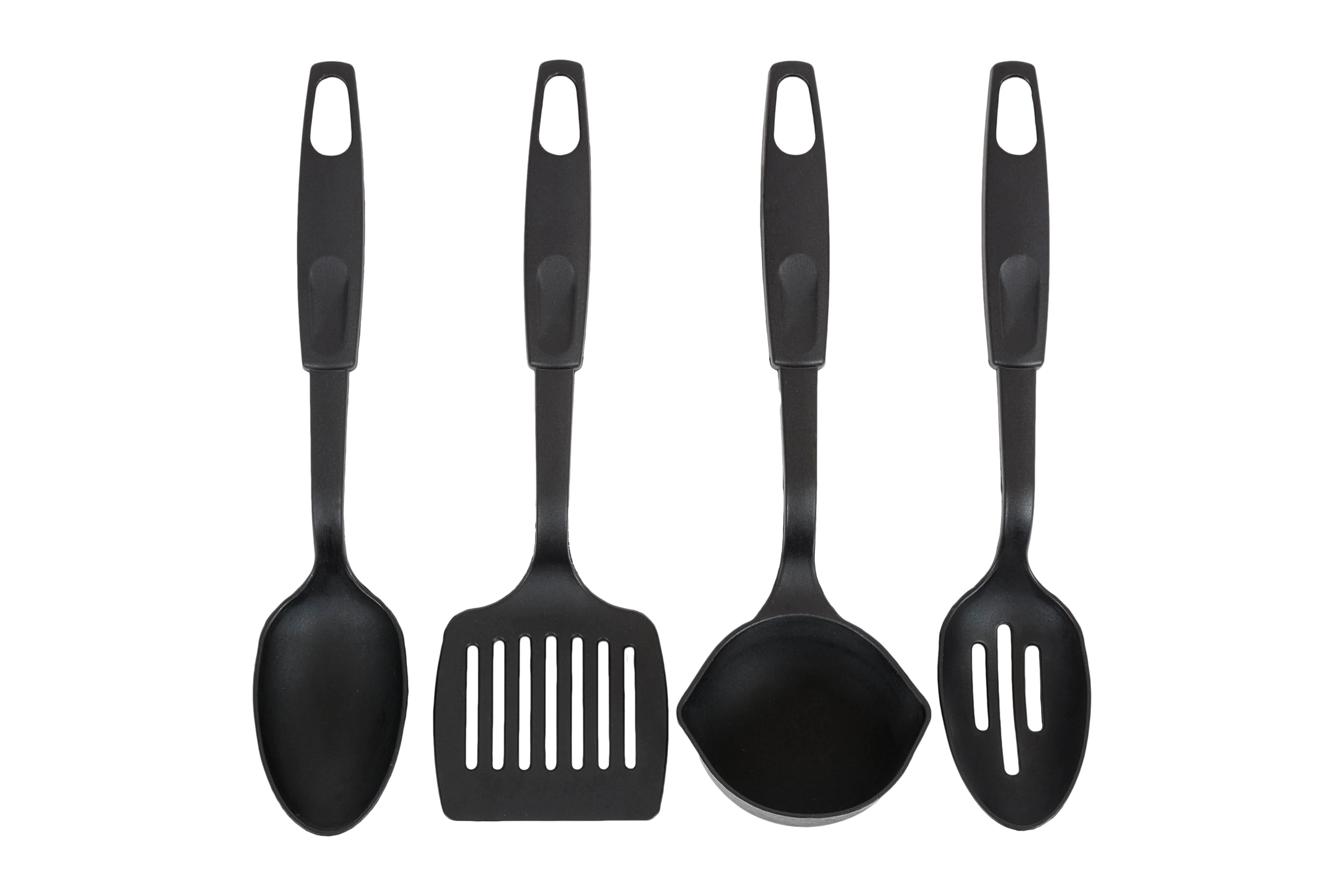 Ein Set aus vier schwarzen Küchenutensilien, darunter ein Löffel, ein Schaumwender, eine Suppenkelle und ein Schaumlöffel.