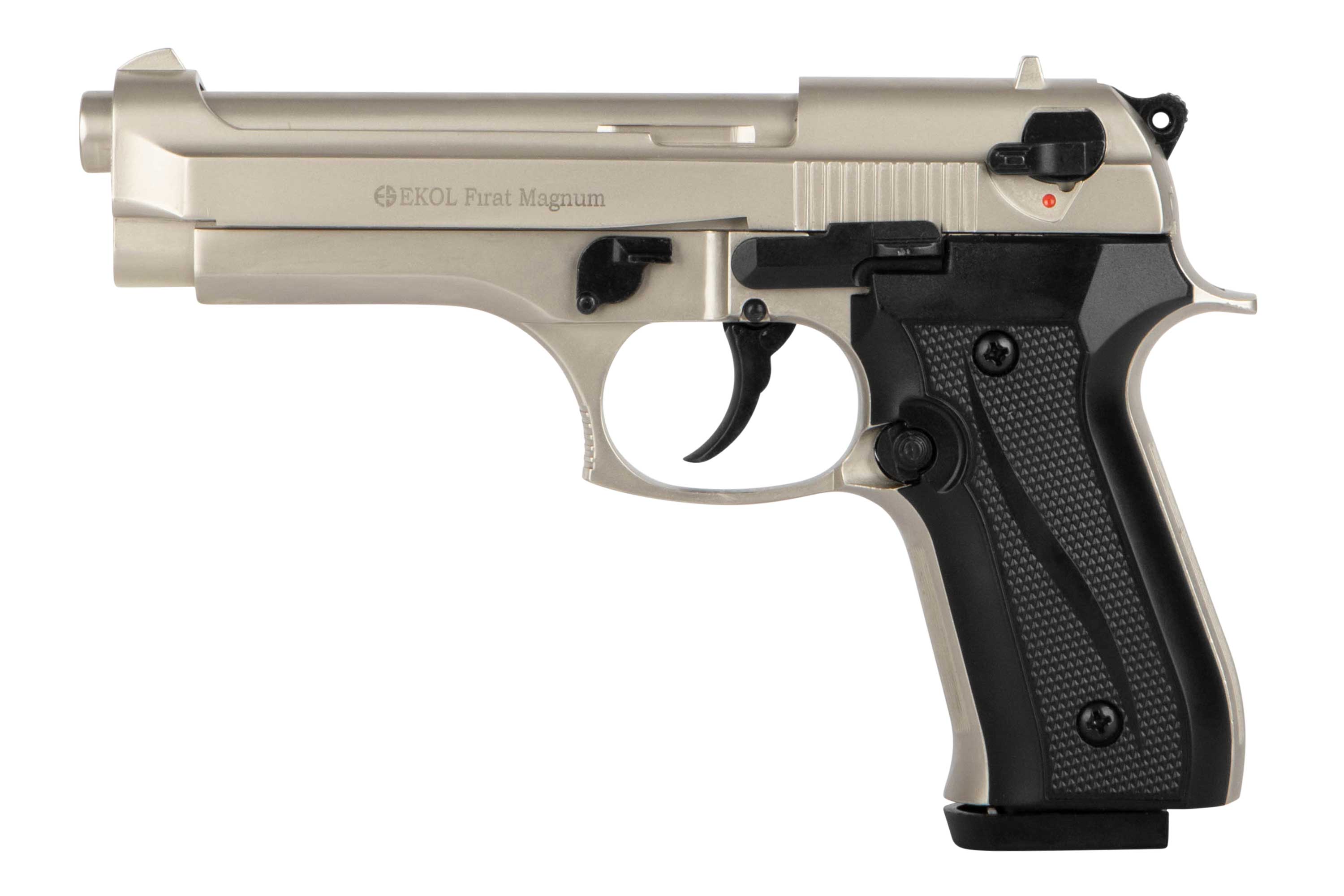 EKOL Firat Magnum Luftpistole mit silberner Oberfläche und schwarzem Griff, konzipiert für Schusswaffenliebhaber.