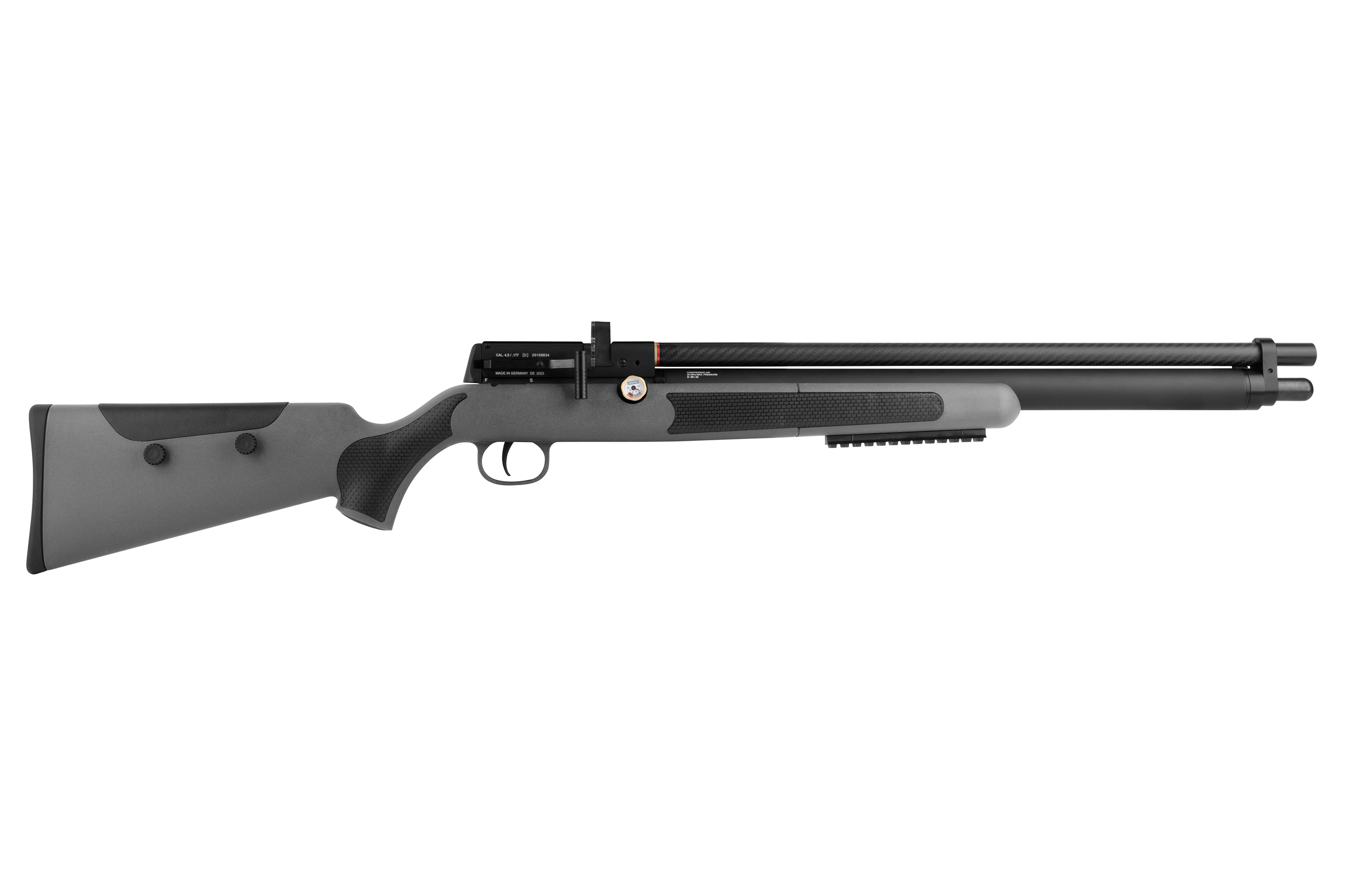 Walther Reign M2 Luftgewehr mit grauem Kunststoffschaft, Kohlefaserlauf und integrierter Manometeranzeige.