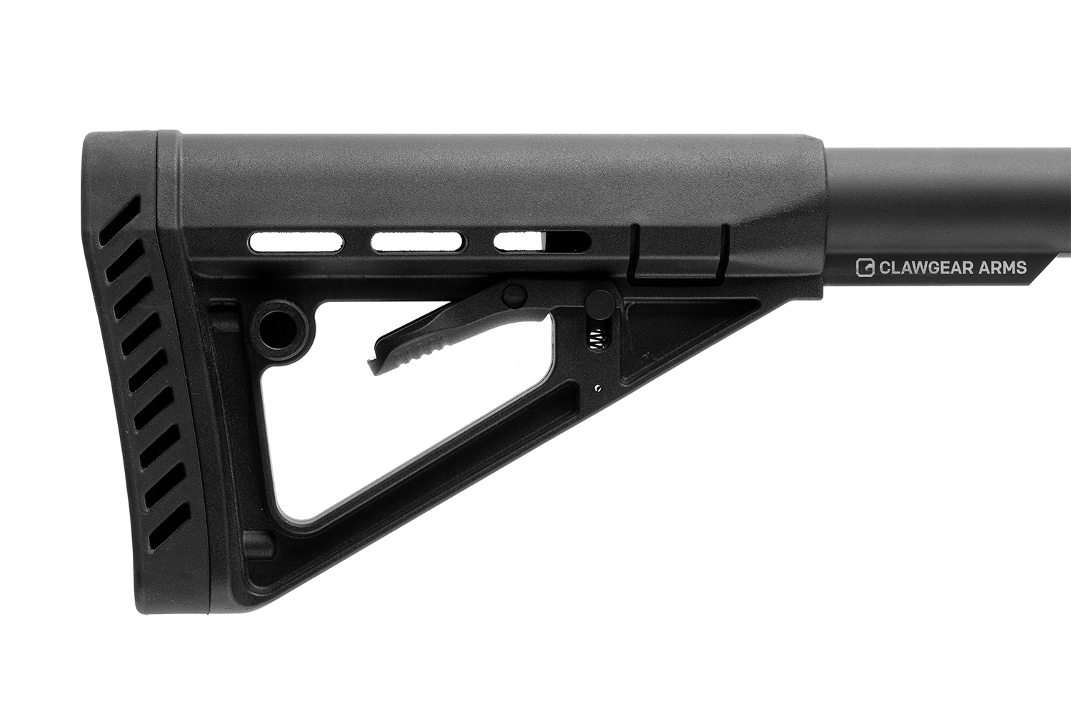 Clawgear Arms verstellbarer Schaft in Schwarz mit ergonomischem Design und strukturiertem Griff für verbesserte Kontrolle.