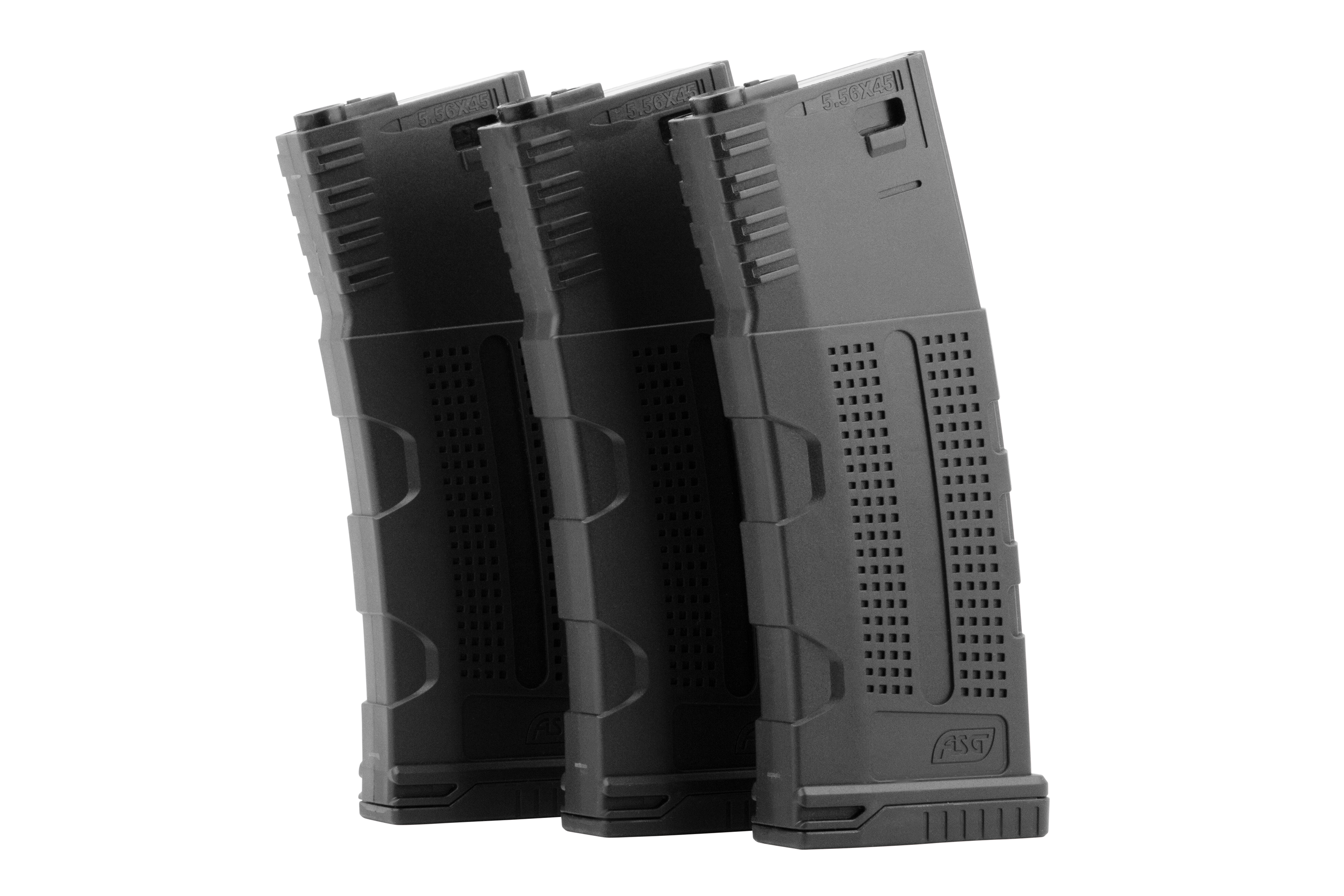 Drei schwarze ASG-Polymermagazine für 5,56x45-Gewehre mit strukturierter Griffoberfläche für verbesserte Handhabung.