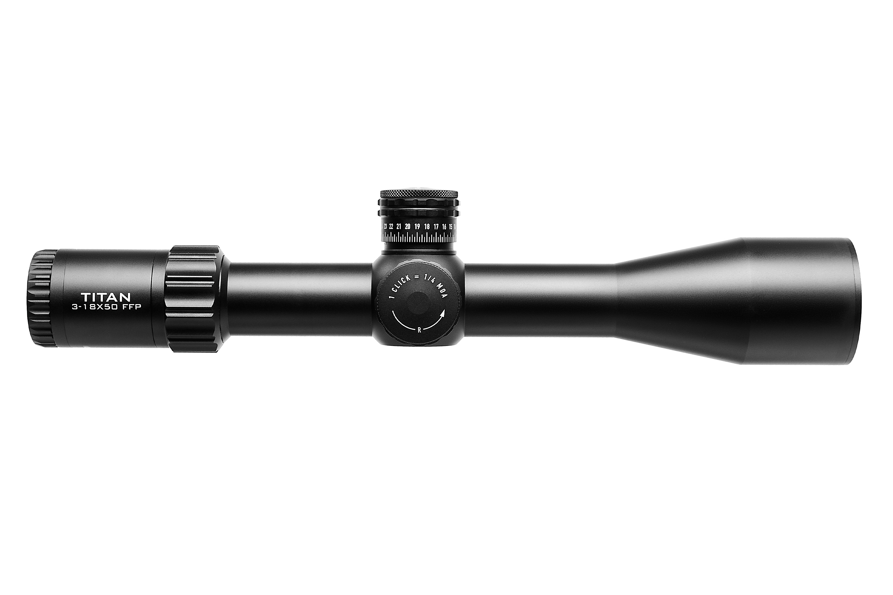 Titan 3-18x50 FFP-Zielfernrohr mit einstellbarer Vergrößerung und elegantem schwarzem Finish.