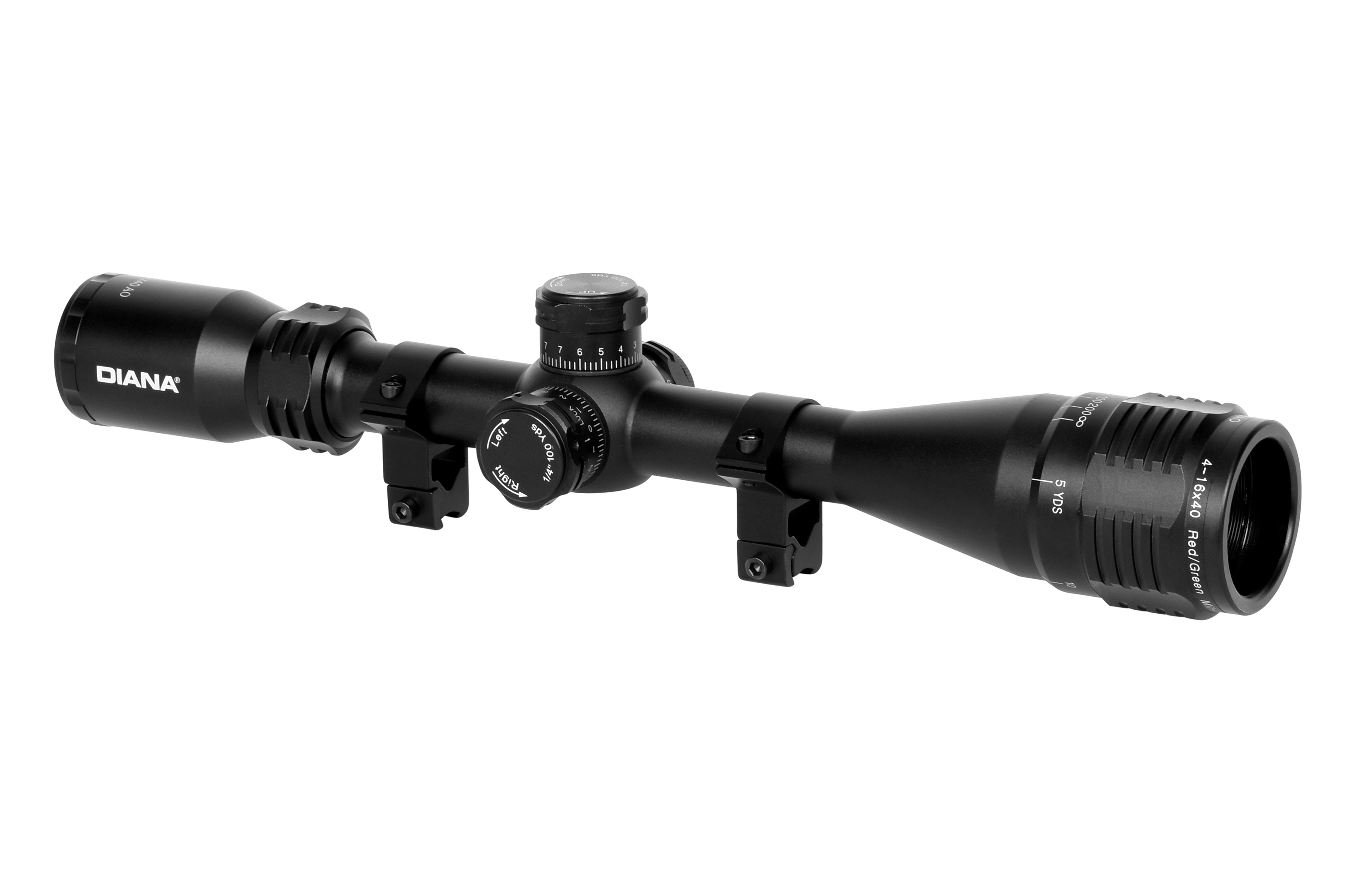 Schwarzes Diana 4-16x40 Zielfernrohr mit verstellbarem Objektiv, rot und grün beleuchtetem Absehen und Montageringen.